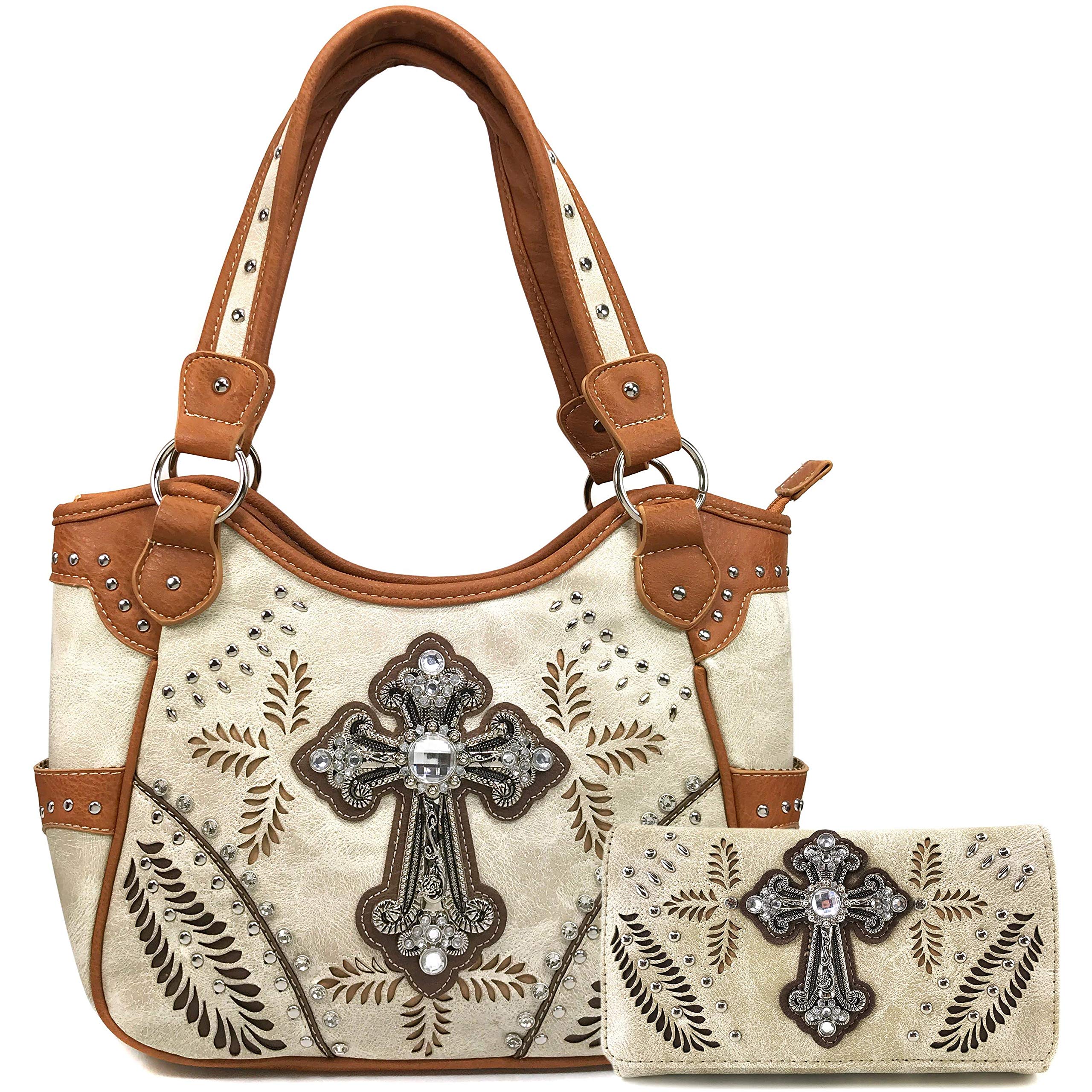 Zelris Women's Concealed Carry Tote Handbag with Wallet - Fall Fern Leaf Western Cross Design for Everyday Carry (EDC) | Perfect for Shopping, Travel & Concealed Weapon Protection