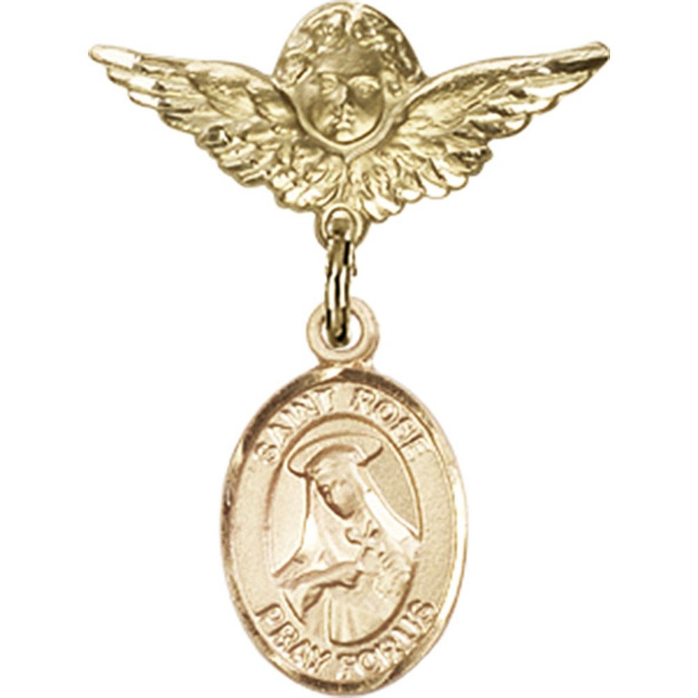 Gold Filled Baby Badge Pin with St. Rose of Lima Charm & Angel Wing Charm - 1 X 3/4 Inch - Perfect for Christening Gifts, Baby Showers & Keepsake Jewelry