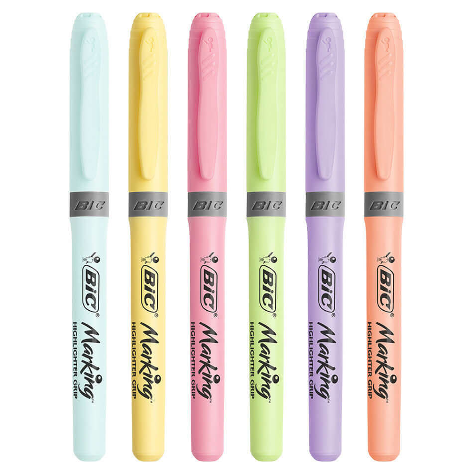 BIC Grip Pastel Highlighters - Assorted Colors Set of 6 - Perfect for School, Office & Study Notes Organization