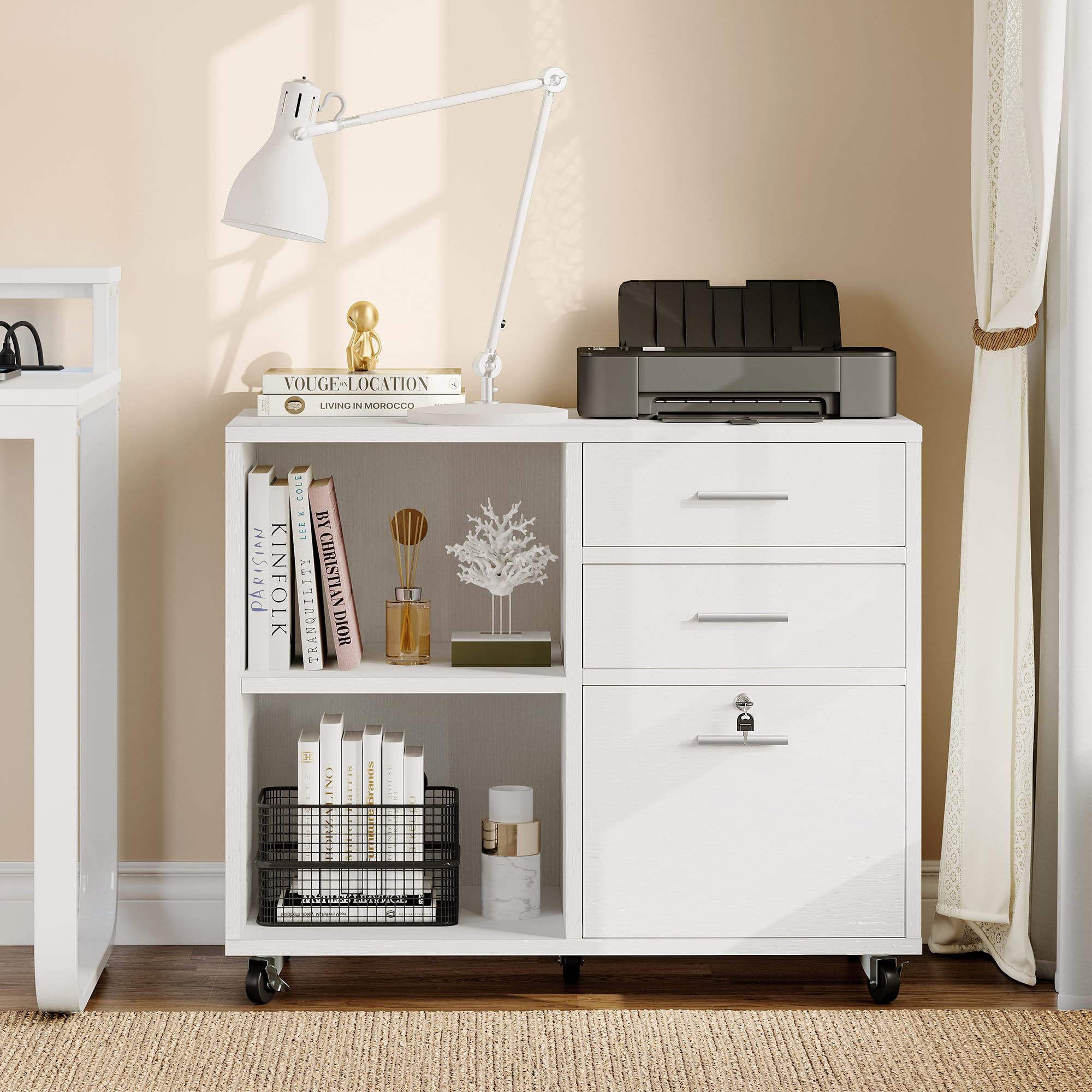 YITAHOME 3-Drawer Wood File Cabinet - Mobile Lateral Storage Cabinet with Lock, Printer Stand for Home Office Organization, White Office Furniture | Perfect for Document Storage & Workspace Organization