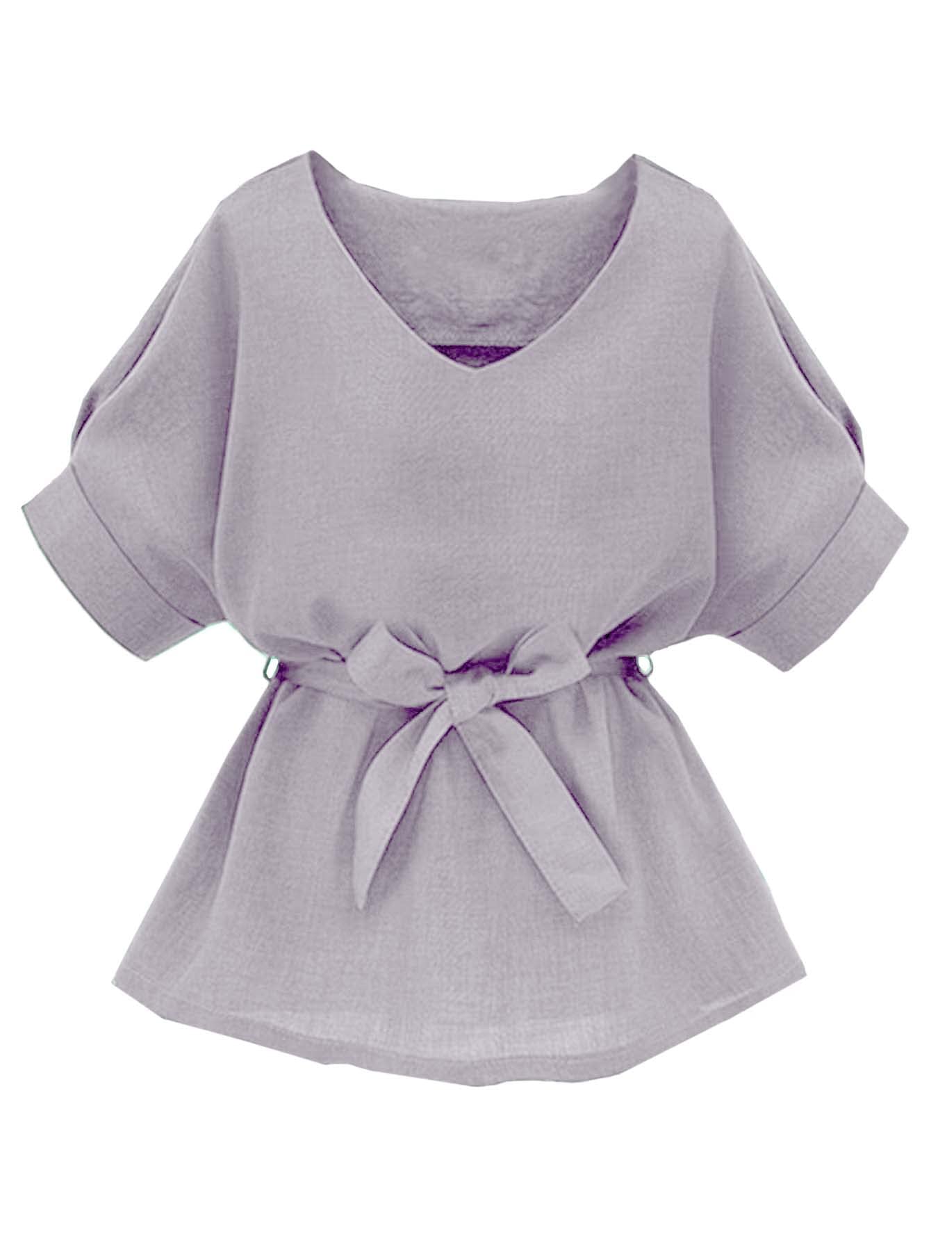 Milumia Women's Casual V-Neck Self-Tie Short Sleeve Blouse Tunic Top for Office & Summer Outfits | Flowy Work Shirt for Business Casual & Everyday Wear
