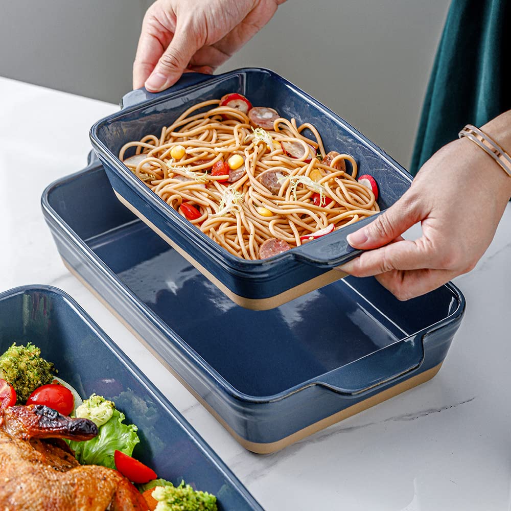 HVH 3-Piece Ceramic Baking Dish Set - 9x13 Inch Deep Casserole Pan, Lasagna Dish & Rectangular Bakeware - Farmhouse Style Blue Ceramic Cookware for Oven, Microwave & Dishwasher Safe - Perfect for Casseroles, Lasagna, Roasts & Holiday Meals