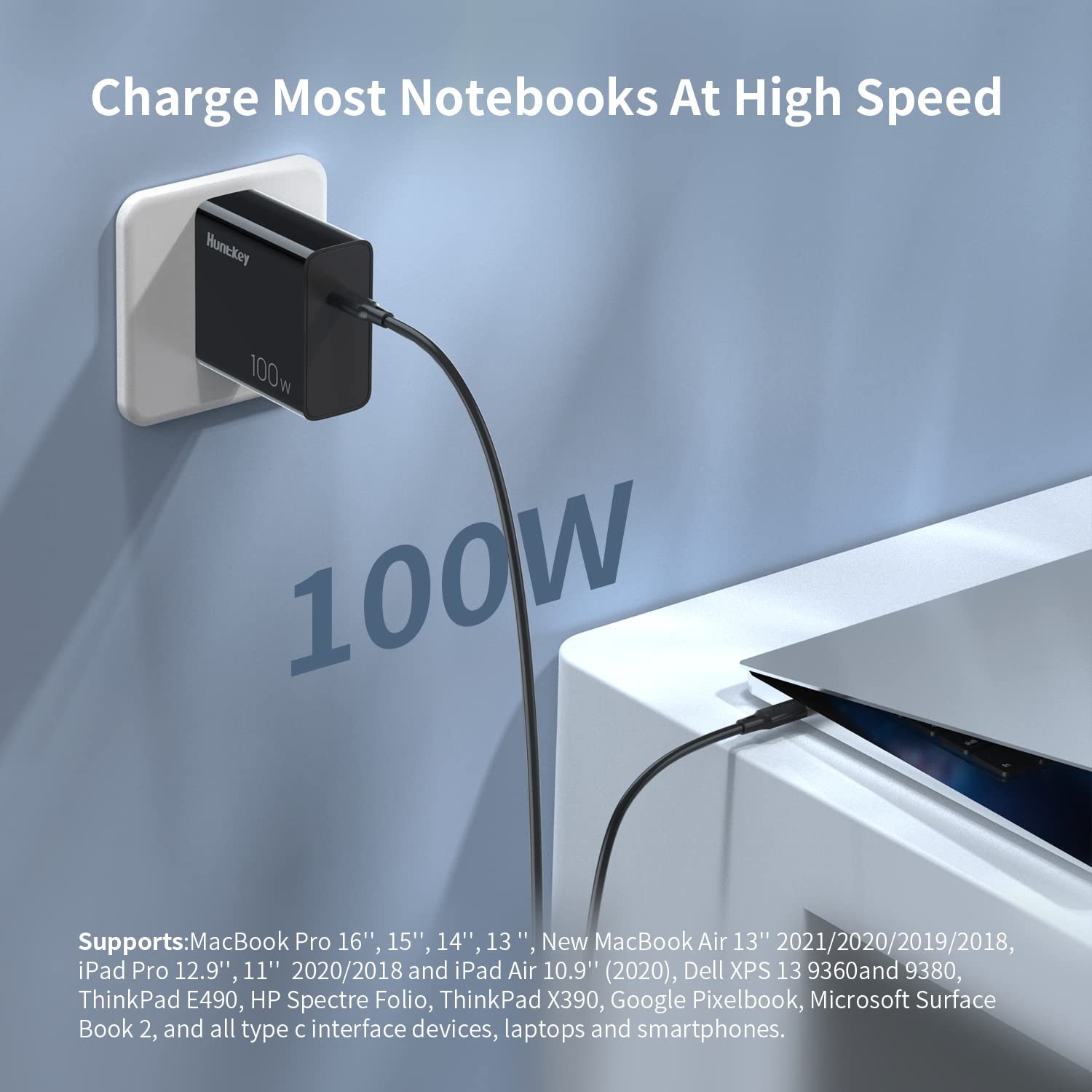 Huntkey 100W GaN Fast USB C Wall Charger with 6.6ft USB C to C Cable - Compatible with MacBook Pro/Air, iPhone 14/Pro/Max, iPad Pro, Galaxy S22/S20, Google Pixelbook, Dell XPS, ThinkPad - Perfect for Travel, Office & Home Charging