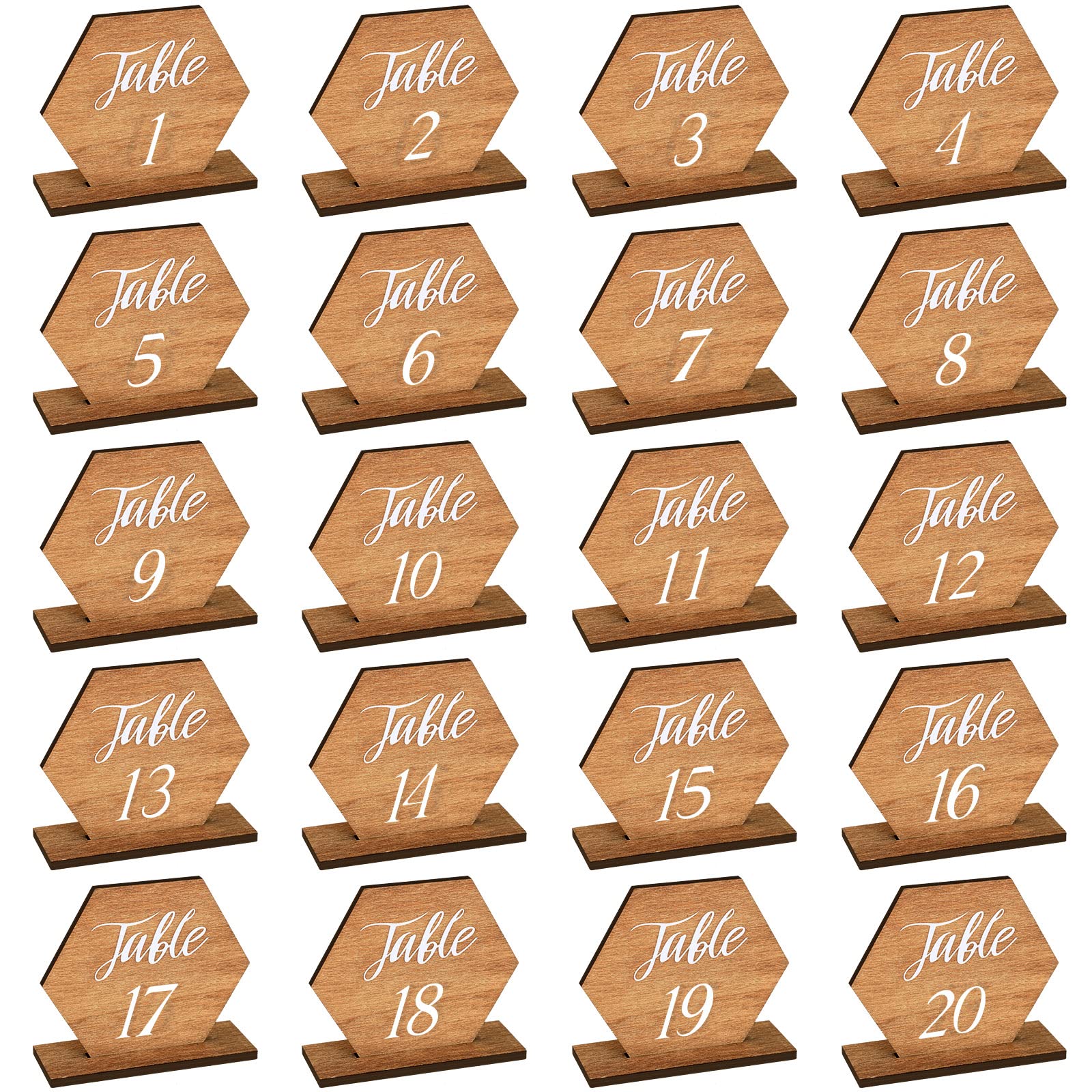 20-Piece Hexagonal Rustic Wooden Table Numbers 1-20 with Holder Base - Perfect for Wedding, Party & Event Decorations | Elegant Table Setting for Receptions, Banquets & Special Occasions
