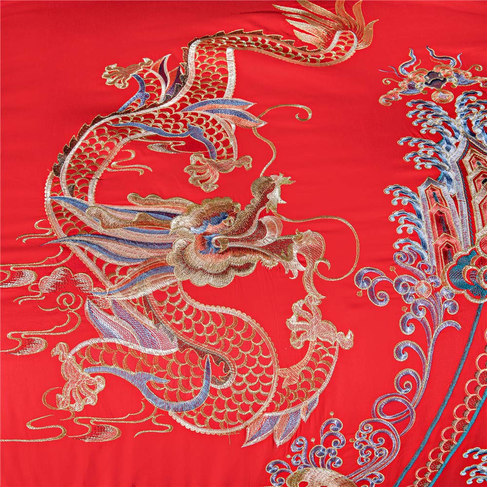 Luxury Chinese Wedding Bedding Set - Double Happiness Dragon Phoenix Embroidery Red Duvet Cover, 100% Cotton Queen Size 10-Piece Set | Perfect for Traditional Weddings, Anniversary Gifts & Home Decor