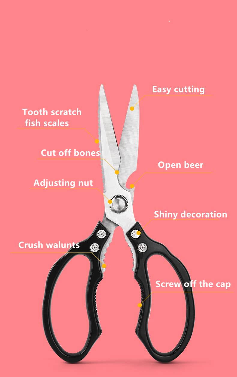 **Heavy Duty Kitchen Scissors - Sharp Stainless Steel Cooking Shears for Meat, Chicken, Fish, Poultry, Herbs & Bread - Dishwasher Safe Kitchen Accessories (Black) - Perfect for Meal Prep, Butchering & Food Trimming**