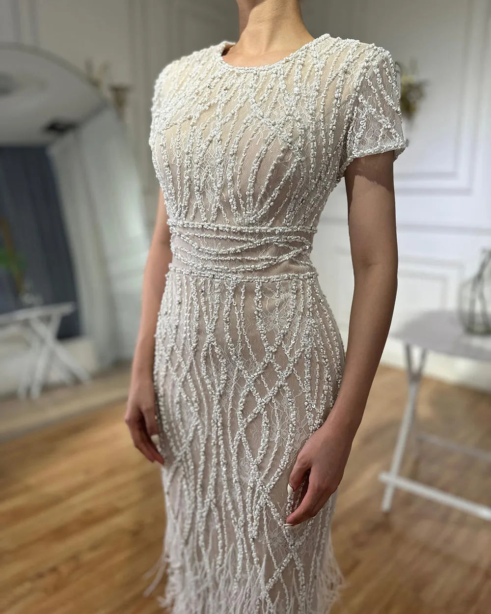 Elegant White Beaded Ankle-Length Evening Dress with Feathers - LA72076A | Perfect for Prom, Gala & Formal Events