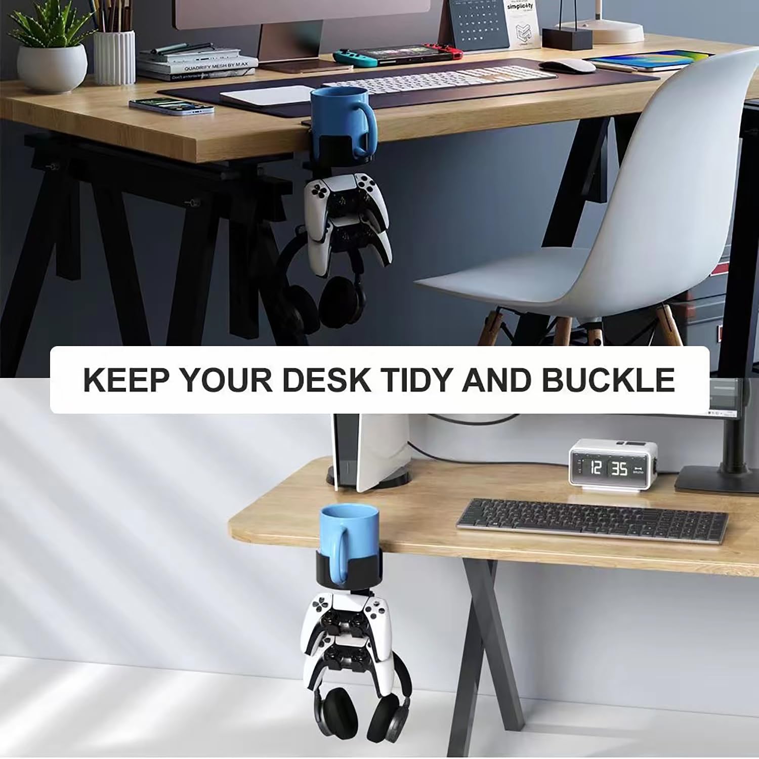 360° Rotating 3-in-1 Desk Controller Holder with Headphone Hanger & Anti-Spill Cup Holder - Aluminum Alloy & Plastic Gaming Accessory for Xbox/PS4/PS5/Switch (Max Load 20lb) - Perfect for Gaming Setups, Office Desks & Home Entertainment Centers