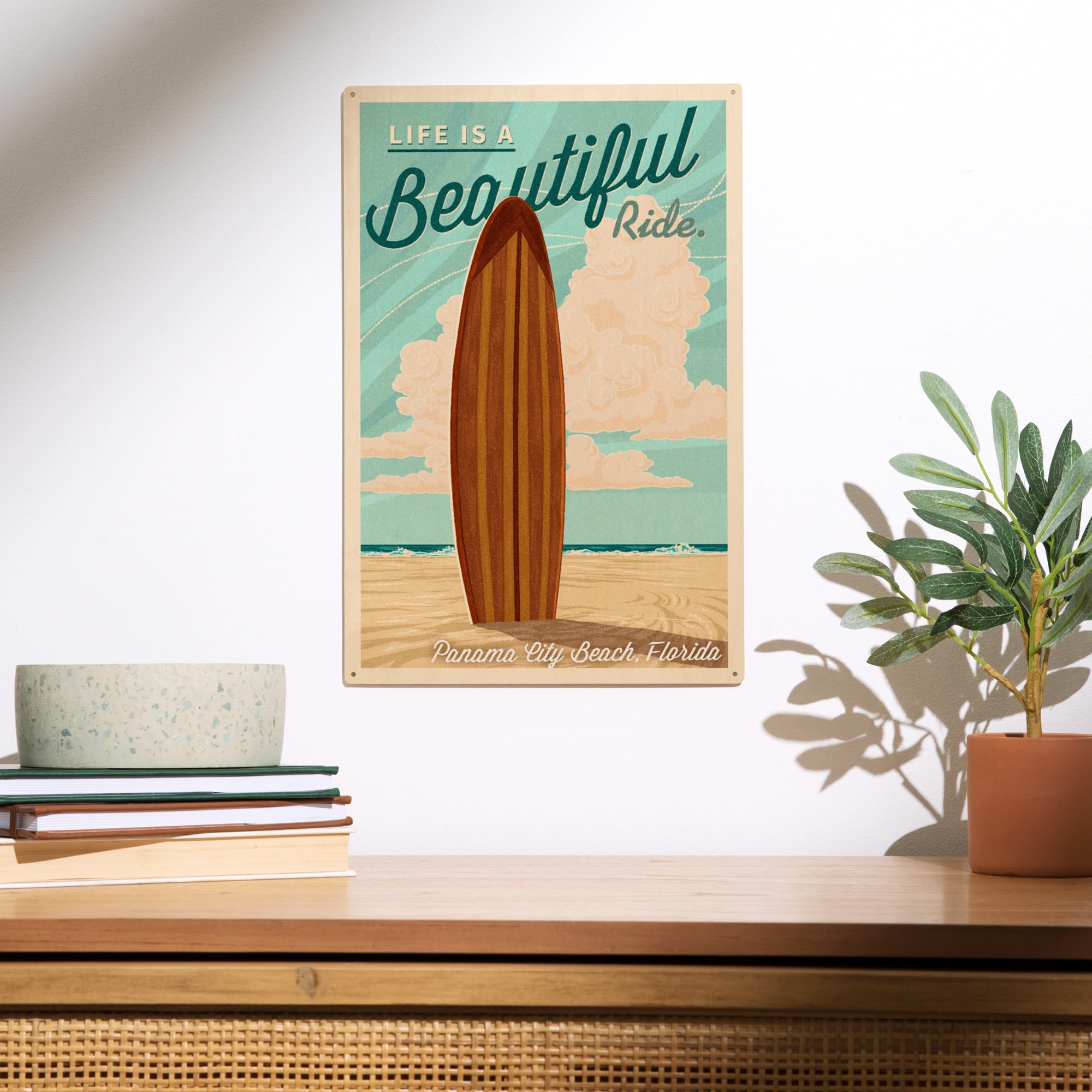 Lantern Press 10x15 Inch Wood Wall Sign - Ready to Hang Coastal Decor - Panama City Beach Florida Surfboard Art - 'Life is a Beautiful Ride' Letterpress Sign | Perfect for Beach House, Living Room, or Office Wall Decor