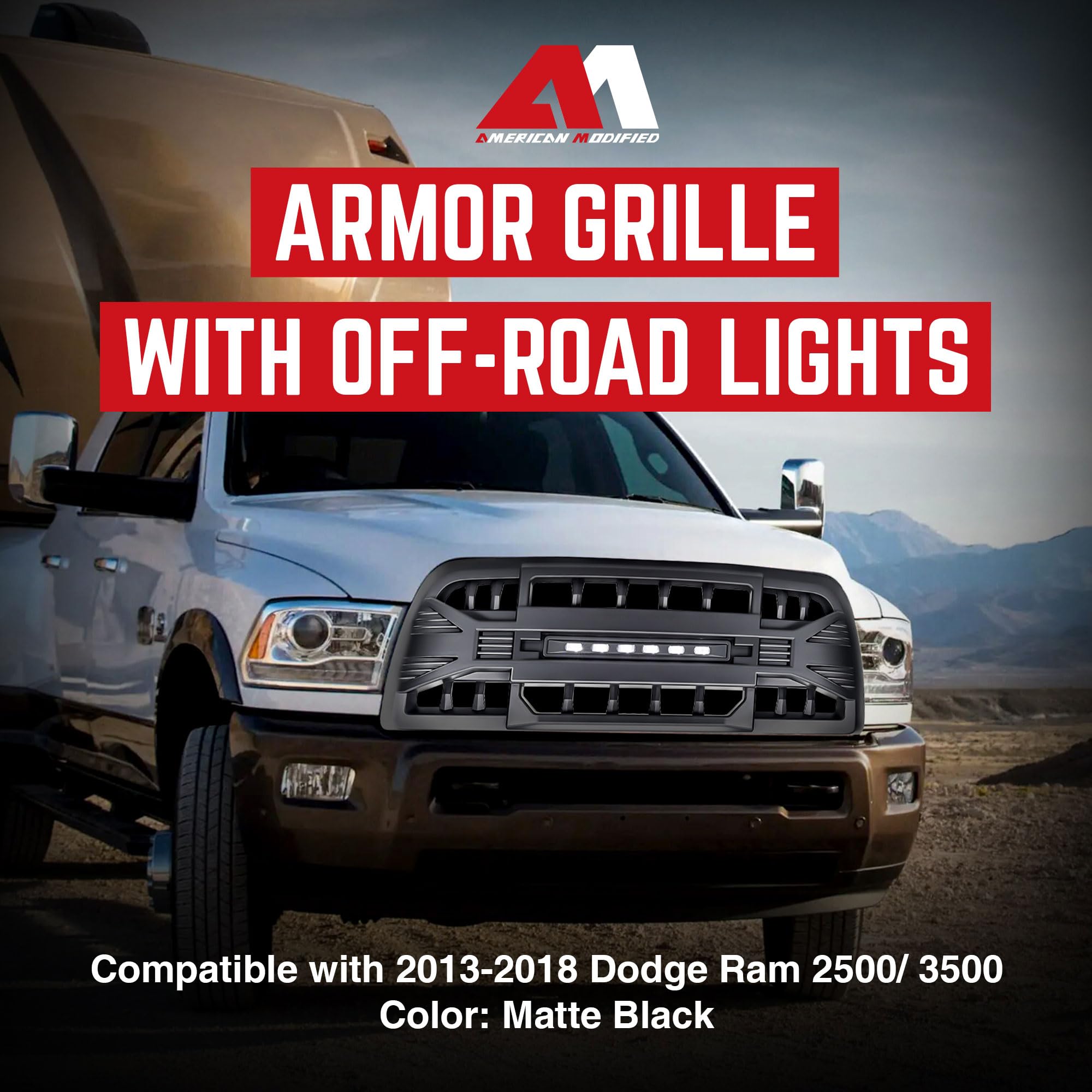 2013-2018 Dodge Ram 2500/3500 Heavy Duty Matte Black Off-Road Grille with LED Lights | American Modified Armor Grille for Enhanced Protection & Style | Perfect for Truck Enthusiasts & Off-Road Adventures