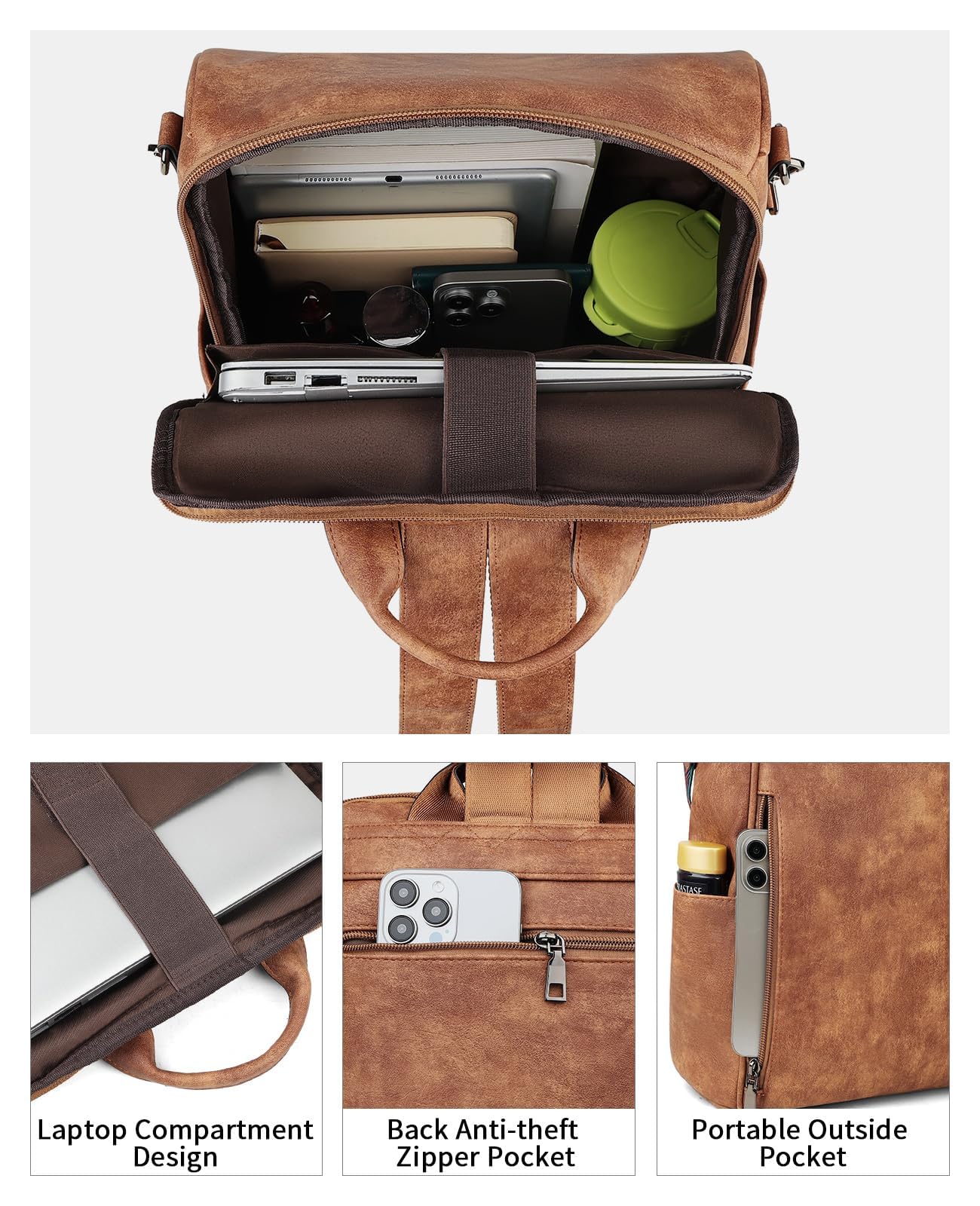 FADEON Women's Leather Laptop Backpack - 15.6 Inch PU Computer Bag for Work & Travel - Stylish Brown Designer Backpack for Business, College & Daily Commute