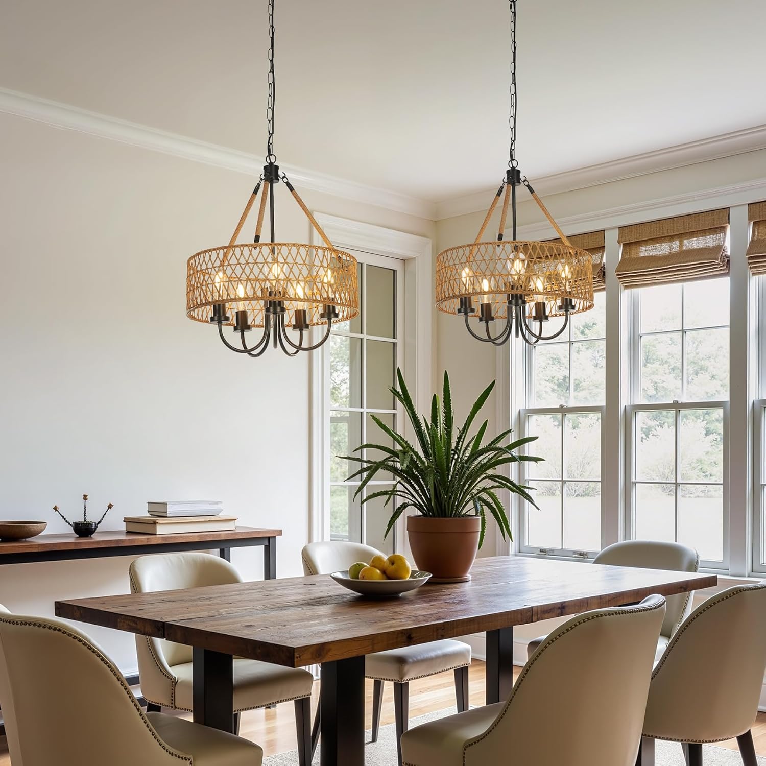 5-Light Boho Chandelier - Handwoven Rattan Pendant Lighting Fixture for Dining Room, Bedroom, or Living Room Decoration