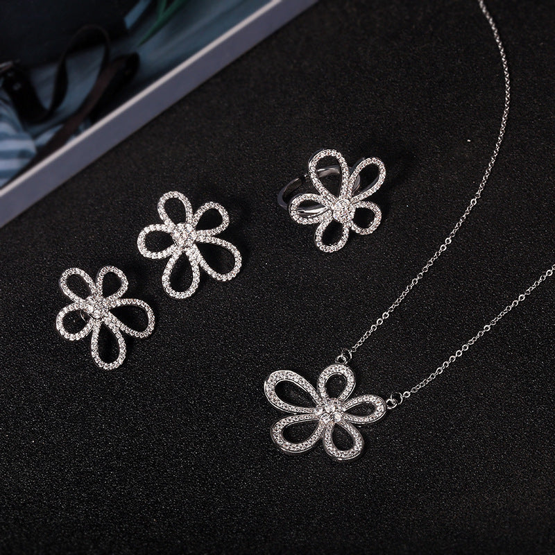 S925 Sterling Silver Five Petal Jewelry Set - Elegant Necklace, Earrings & Ring Set for Women - Perfect for Weddings, Parties & Special Occasions