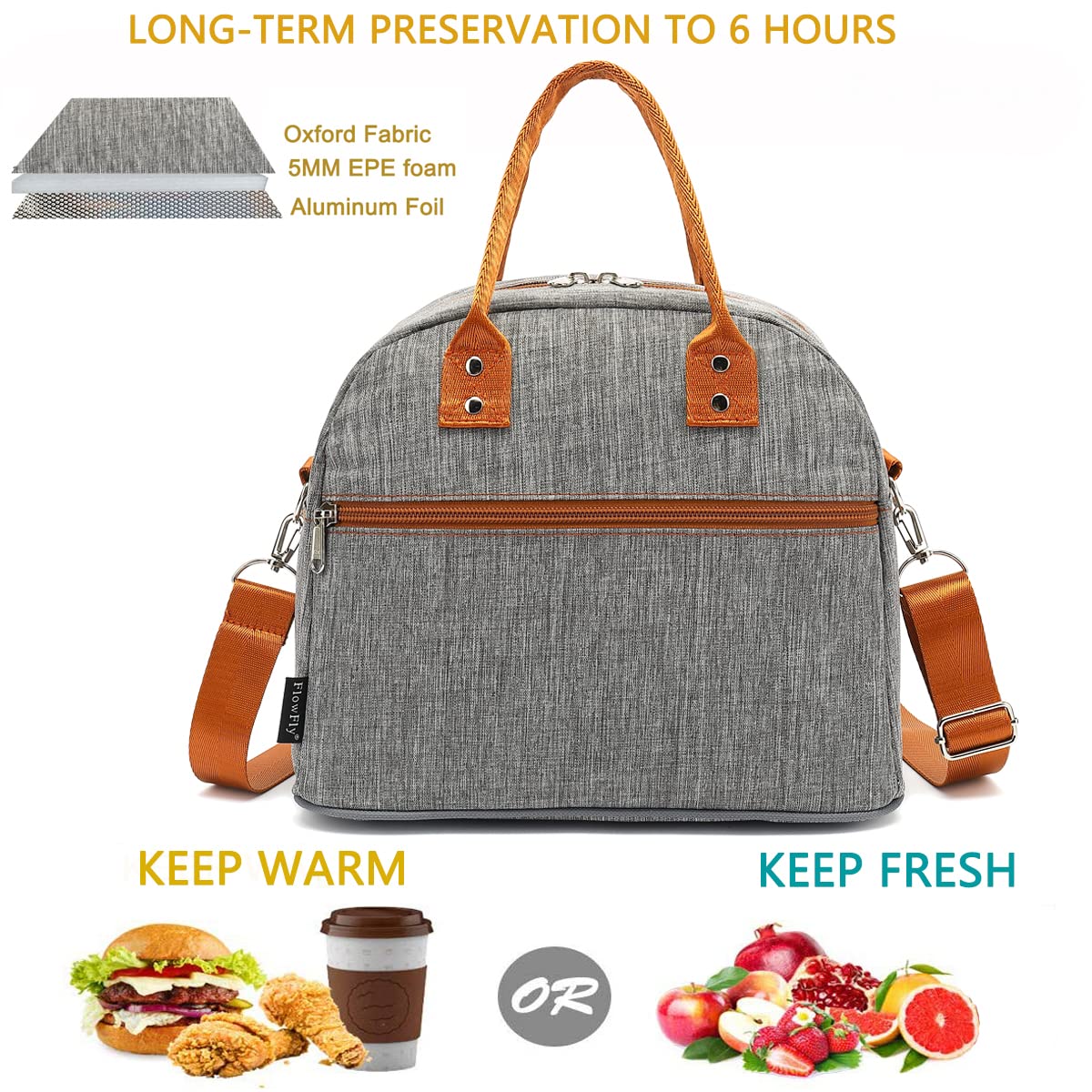 FlowFly Insulated Lunch Bag with Shoulder Strap - Large Reusable Freezable Cooler Tote for Women, Men & Kids - Perfect for Work, School, Travel & Meal Prep - Grey Lunch Box Organizer