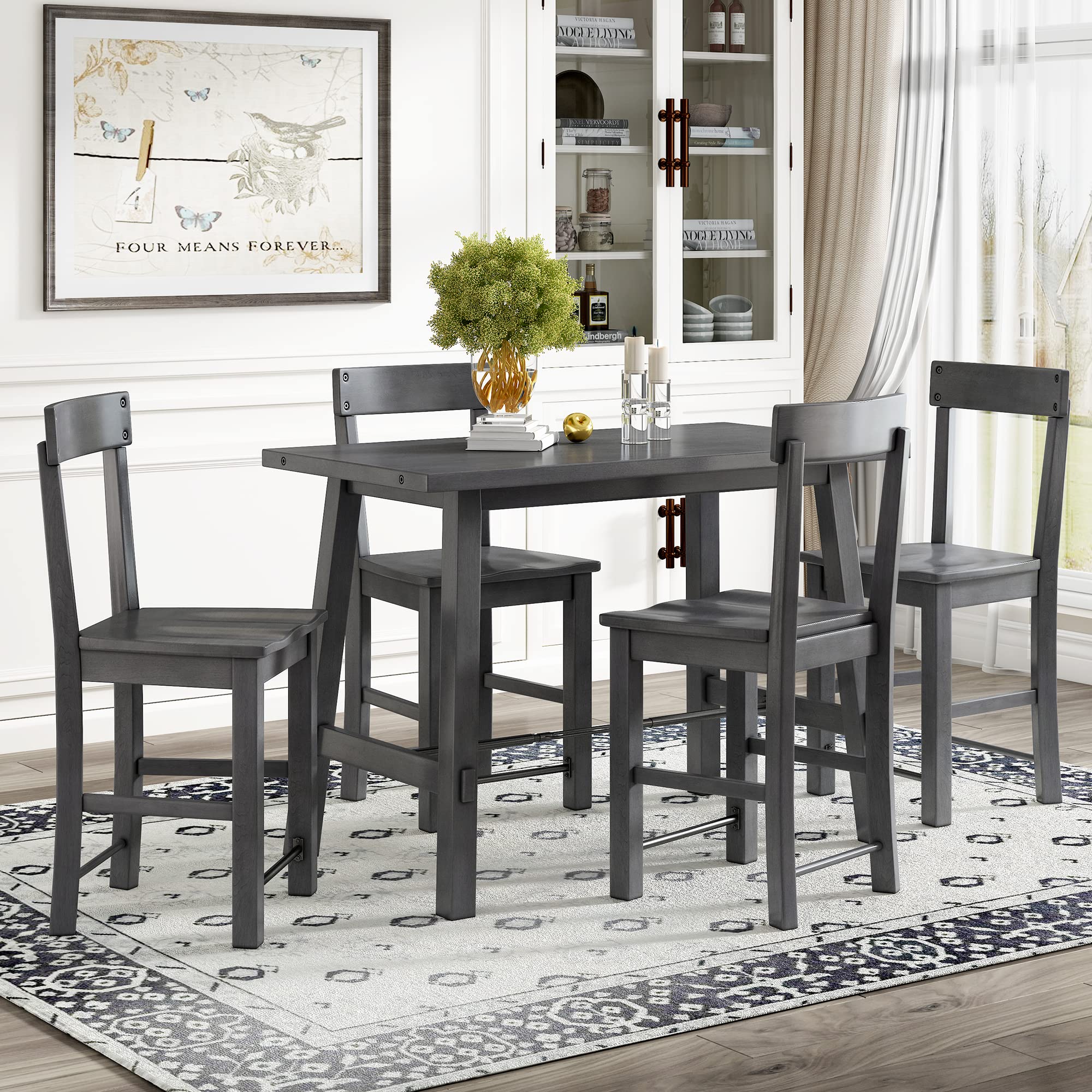 5-Piece Counter Height Dining Table Set - Minimalist Industrial Style Wood & Metal Kitchen Table with Chairs, Small Space Furniture for Apartments & Breakfast Nooks (Grey) - Perfect for Modern Homes, Urban Living & Compact Dining Areas