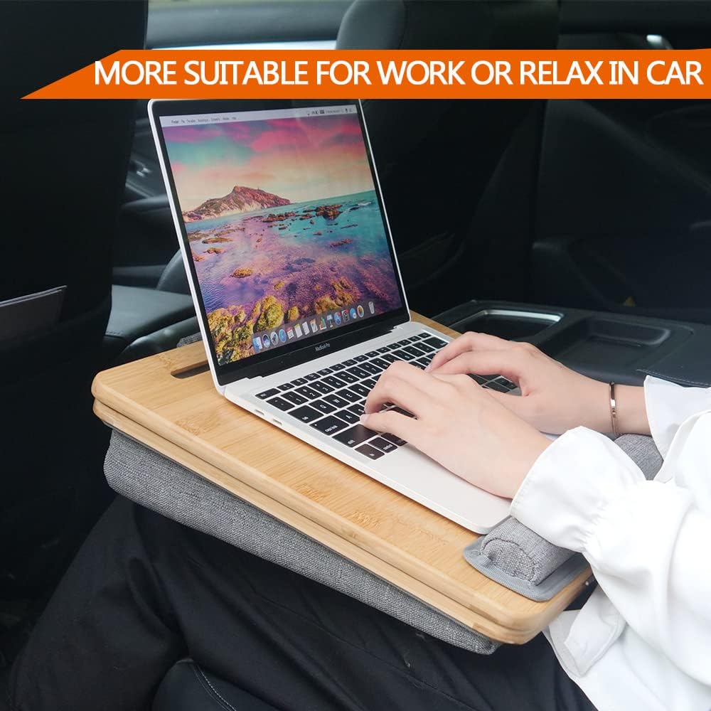 Adjustable Bamboo Lap Desk for Laptop with Cushion - Portable Laptop Stand with Tablet Slot & Phone Holder - Ergonomic Bed Tray for Home Office, Sofa, Car & Travel Use - Perfect for Working, Studying or Watching Movies in Bed