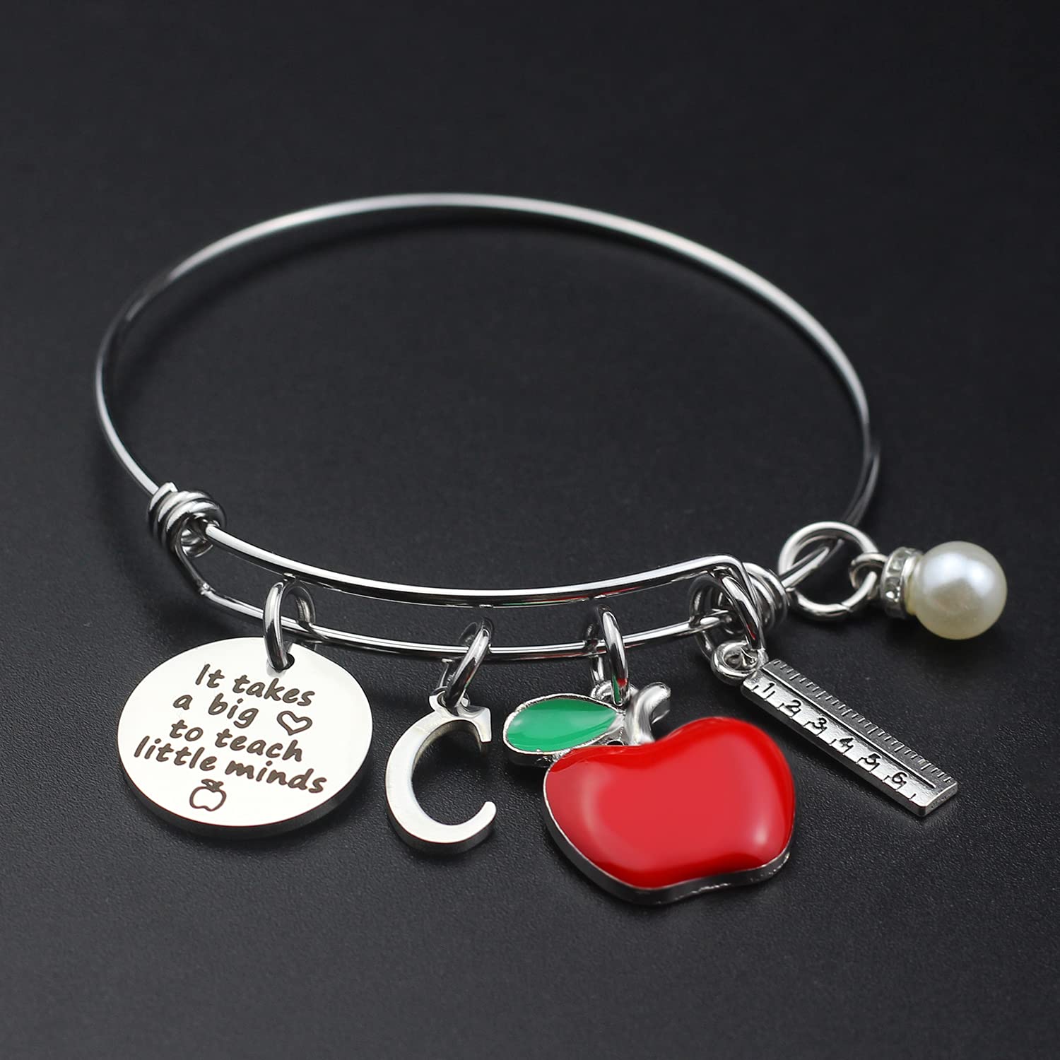 Scwasen Initial Teacher Bracelet for Women - Heart Shaped Teacher Appreciation Gift with 'It Takes a Big Heart to Teach Little Minds' Engraving - Thank You Bangle Bracelet for Teachers Day, Birthday, Retirement - Perfect for Classroom Gifts & Special Occasions