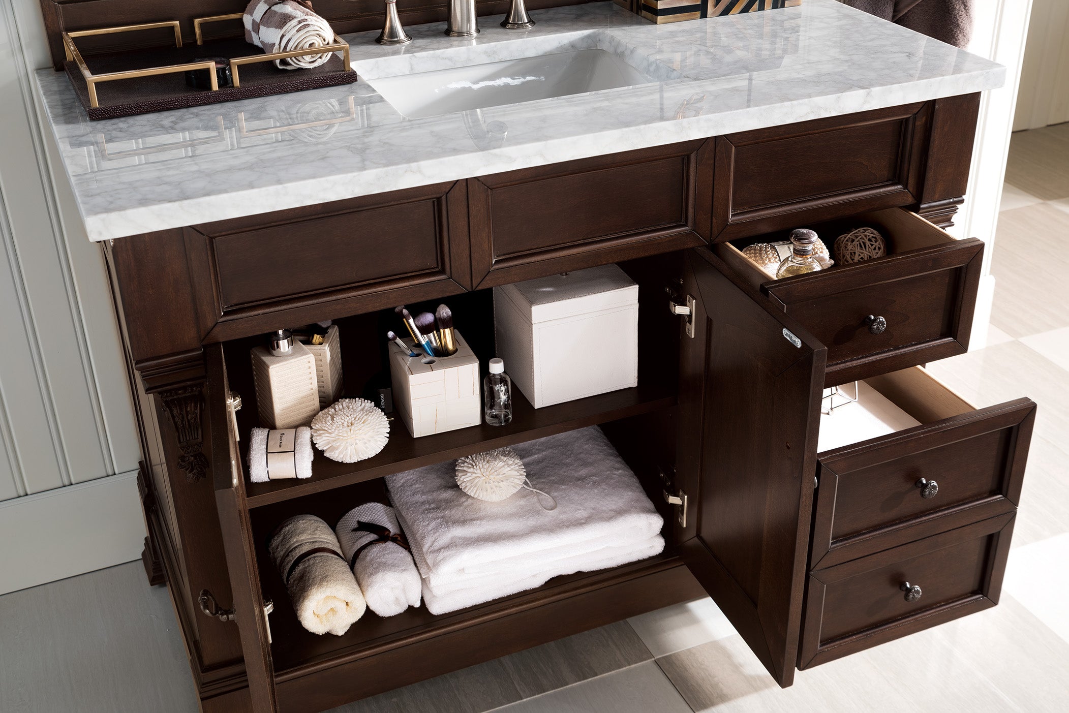 Brookfield 48 Inch Single Bathroom Vanity with Burnished Mahogany Finish & 3CM Carrara Marble Top - Perfect for Modern Master Bathroom or Guest Bathroom Renovation