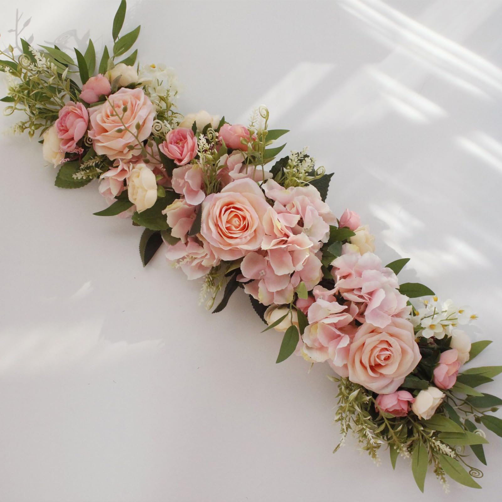 TREETDOBV Artificial Rose Flower Swag for Wedding Arch - Rustic Peony & Sunflower Door Wreath with Green Leaves - Pink Home Decor for Weddings, Parties & Farmhouse Style
