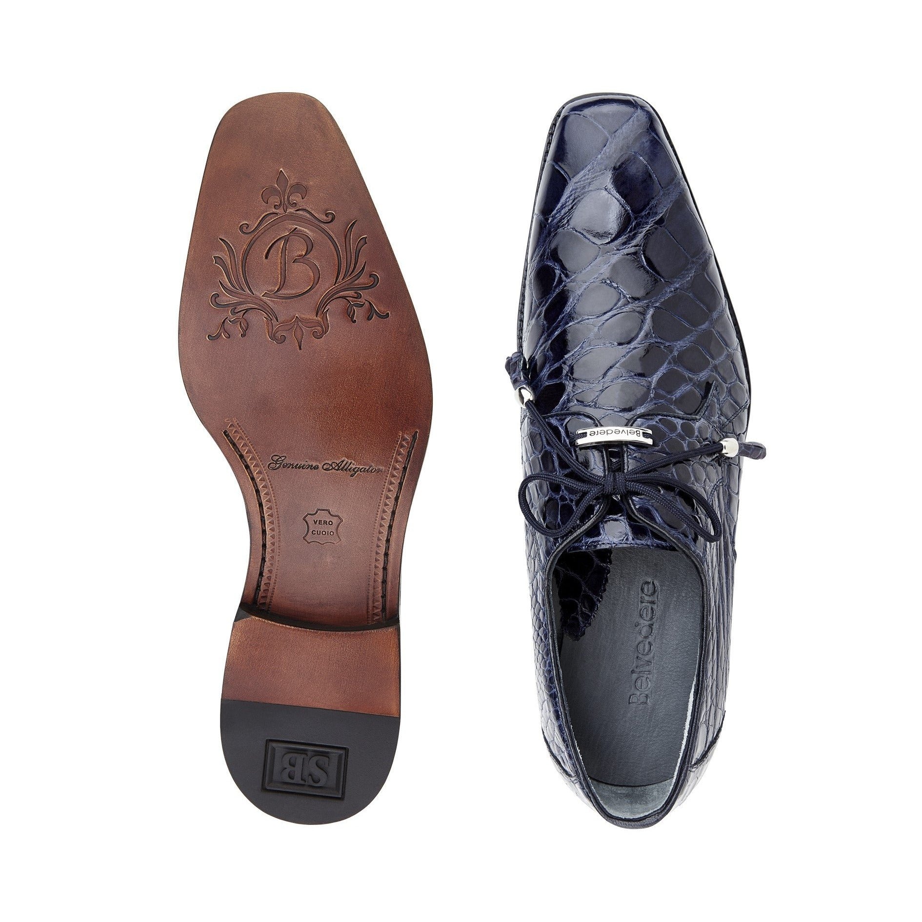 Belvedere Lago Genuine American Alligator Leather Dress Shoes for Men - Navy Blue Formal Business Shoes | Perfect for Weddings, Office & Special Occasions