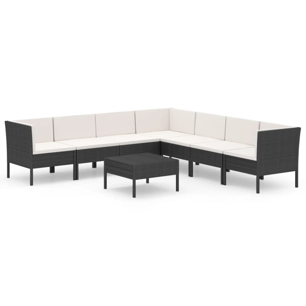 8-Piece VidaXL Patio Lounge Set with Cushions - Black Poly Rattan Outdoor Sofa Seating for Garden, Terrace & Backyard - Durable Wooden Frame Weather-Resistant Furniture for Relaxing & Entertaining