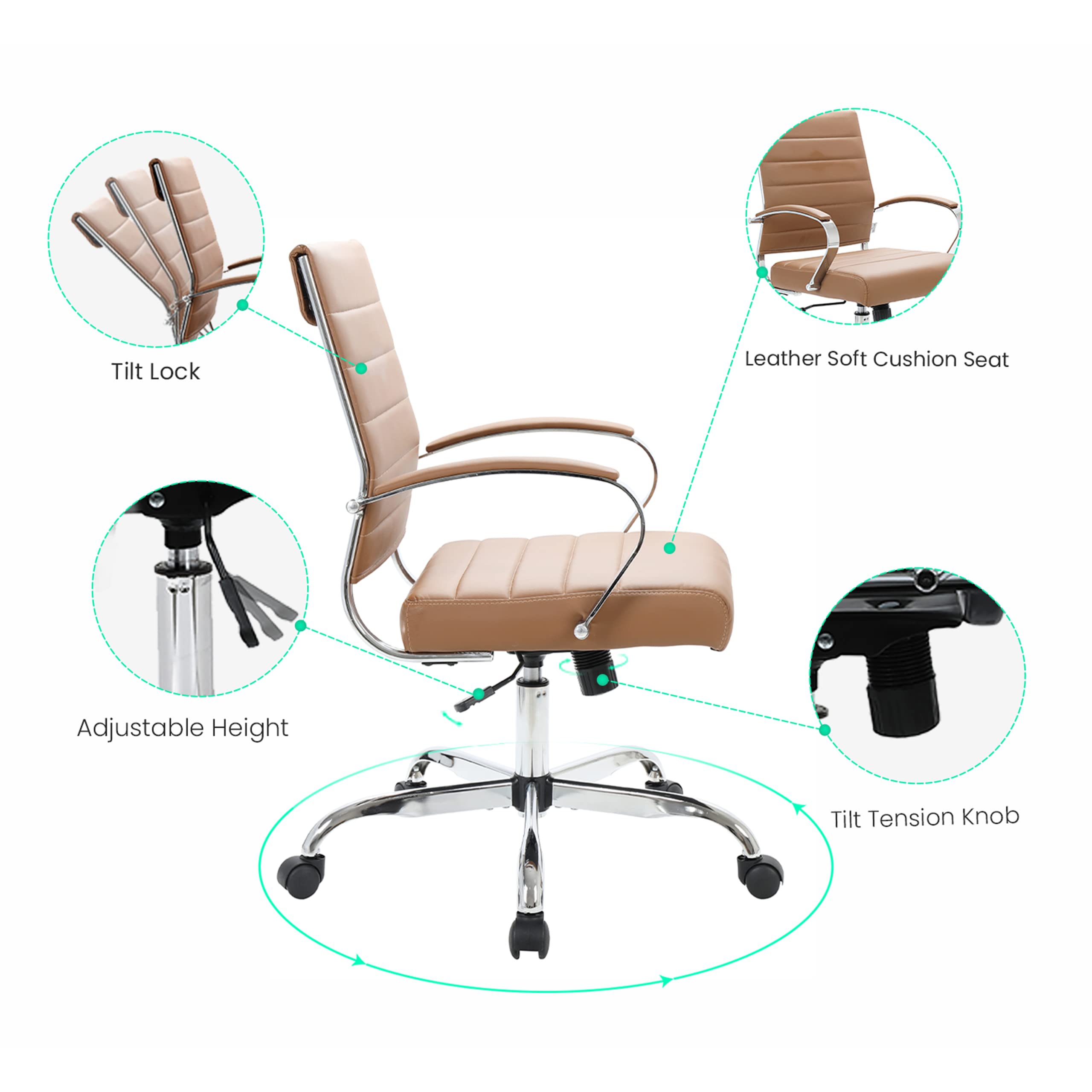 LeisureMod Benmar Modern Mid-Back Adjustable Swivel Leather Office Chair - Ergonomic Executive Desk Chair with Lumbar Support for Home & Office Workspaces (Brown)