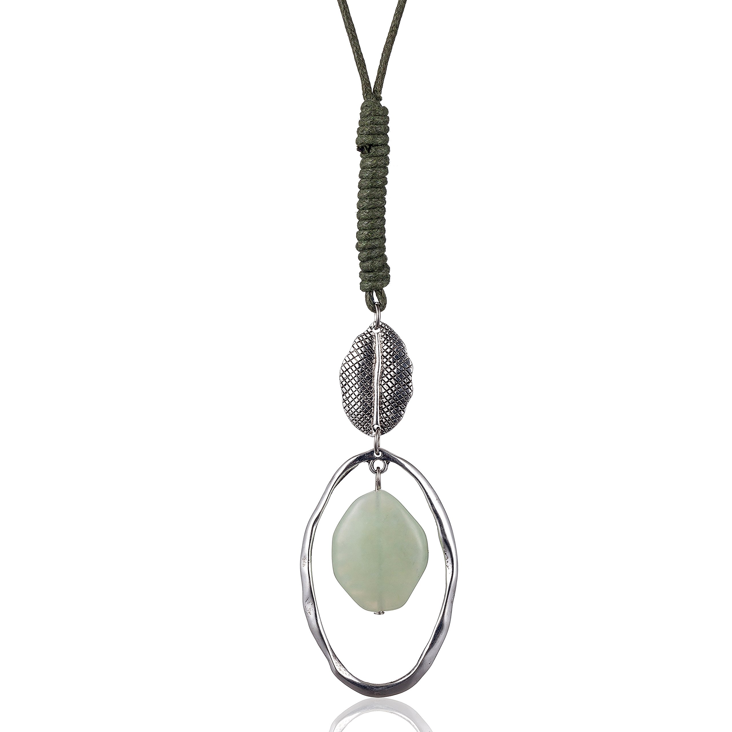 Handmade Green Stone Pendant Necklace for Women - Natural Braided Long Chain Jewelry for Boho, Casual & Evening Wear