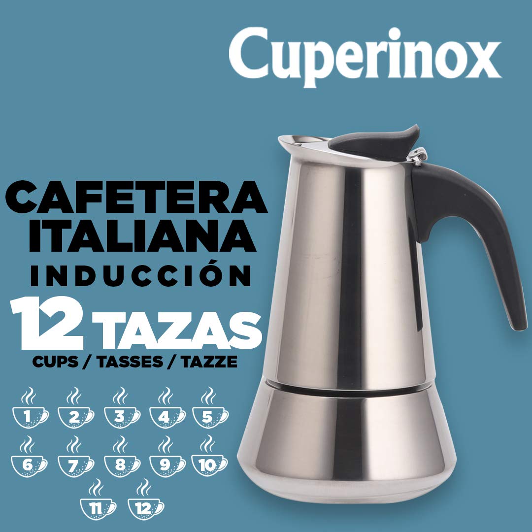 Cuperinox Italian Stovetop Espresso Maker - 12 Cup Induction Compatible Moka Pot for Gas, Electric & Ceramic Cooktops - Stainless Steel, Dishwasher Safe - Perfect for Home, Office & Camping Coffee Brewing