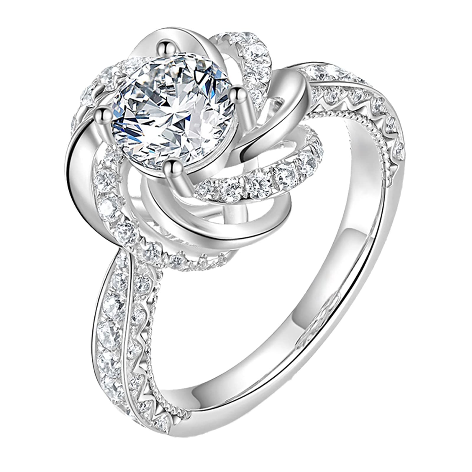 Elegant Cut Flower Ring for Women - Zircon Round Wedding & Engagement Jewelry - One Size Fits All (Silver) - Perfect for Bridal, Anniversary, and Special Occasion Gifts