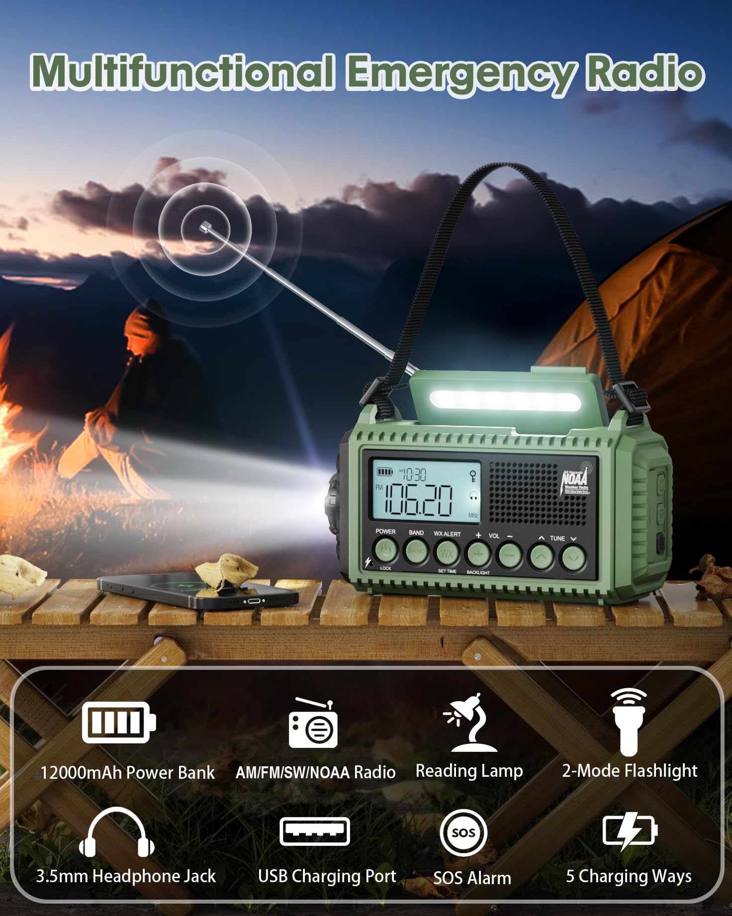 12000mAh Solar Hand Crank Emergency Weather Radio - NOAA/AM/FM/Shortwave, Reading Lamp, Flashlight, SOS Alarm, USB Charger for Outdoor Camping, Hiking & Emergency Survival Kits