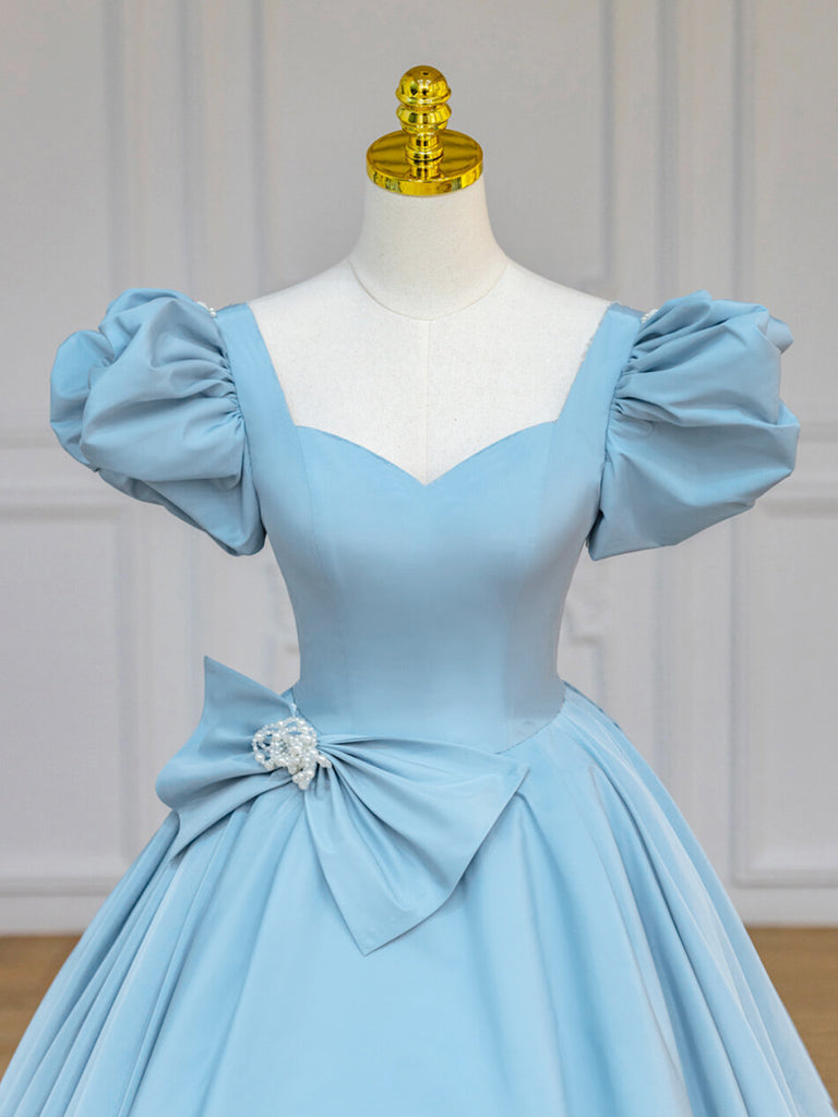 Elegant Blue Satin Puff Sleeve Long Prom Dress - Sweet 16 Formal Gown for Homecoming, Quinceañera & Special Occasions