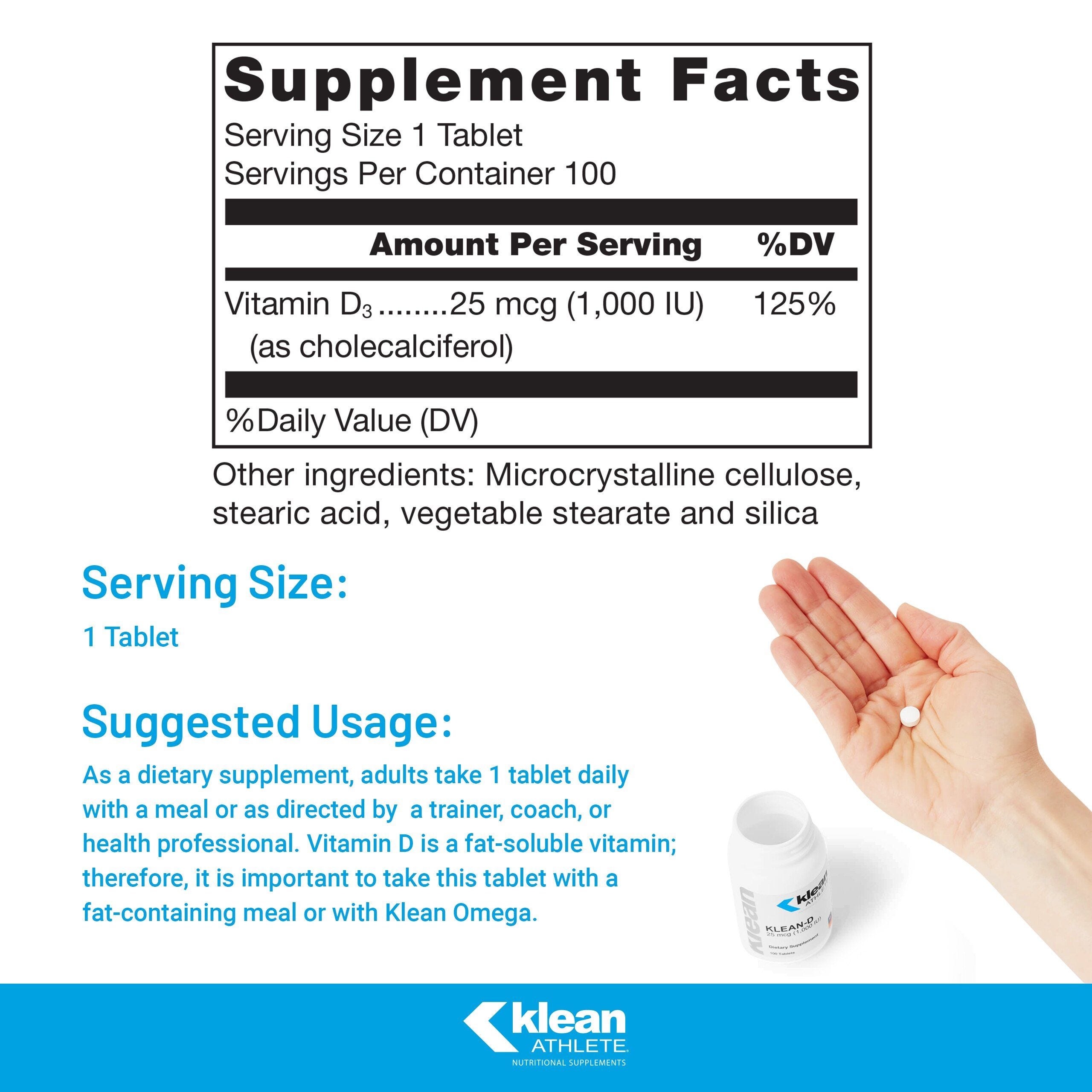 Klean Athlete Vitamin D3 1000 IU Supplement - Supports Bone Health & Immune System - Ideal for Athletes & Active Lifestyles