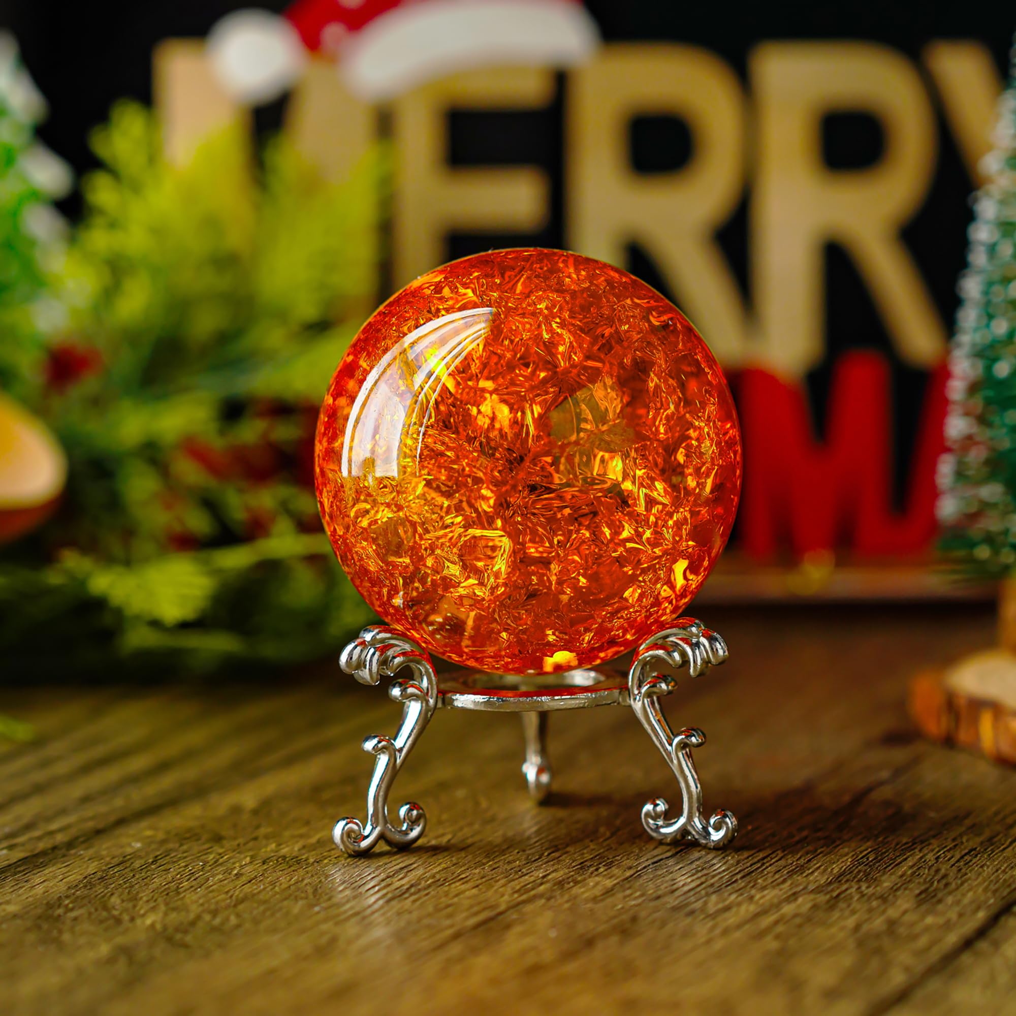 Kanpura 2.3 Inch Amber Ice Cracked Ball Crystal Ball - Feng Shui Paperweight, Glass Ball Decor for Home, Fish Tank Accessories, Rockery & Office Desk - Perfect for Meditation, Gift Giving & Interior Design