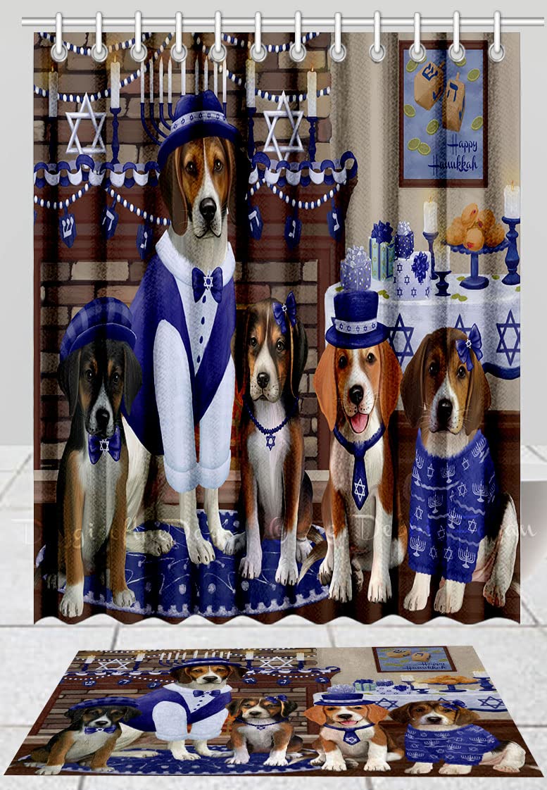 Happy Hanukkah Family American English Foxhound Dogs Bath Mat & Shower Curtain Set - Non-Slip Bathroom Decor, Plush Rug & Polyester Bathtub Curtain with Hooks (Mat 20x32in, Curtain 36x72in) - Perfect for Holiday Bathroom Decor & Pet Lover Gifts