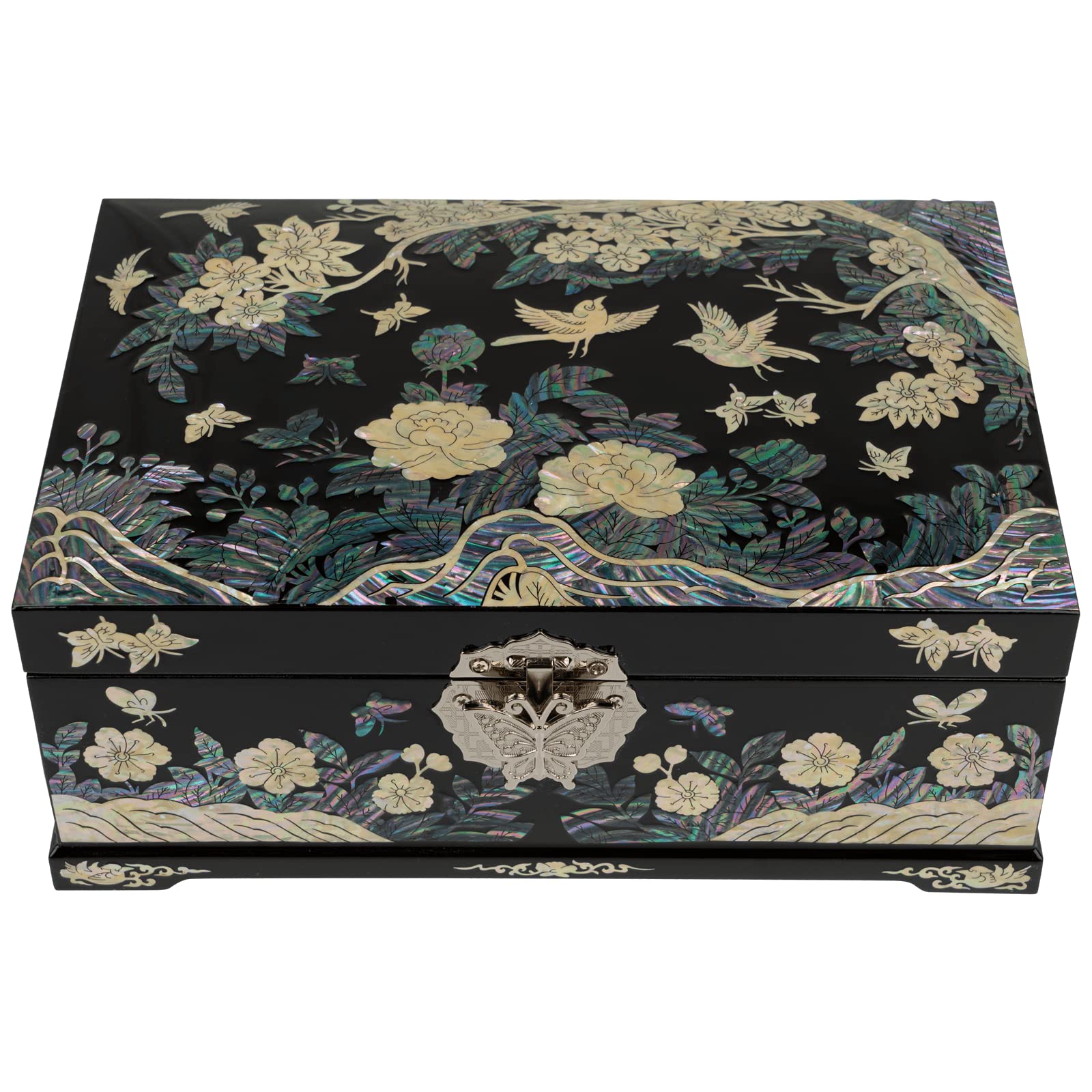 February Mountain Large Mother of Pearl Jewelry Box - Lacquered Wooden Storage Case with 2-Layer Velvet Interior - Perfect Anniversary, Wedding & Birthday Gift for Women - Elegant Jewelry Organizer for Dresser, Vanity or Travel