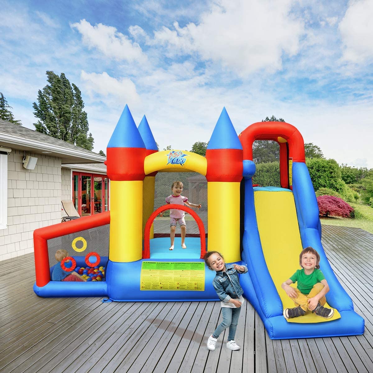 **WATERJOY Inflatable Bounce House with 740 Blower - Kids Slide, Jumping Castle, Basketball Rim & Football Play Area for Indoor & Outdoor Fun - Perfect for Birthday Parties, Backyard Play & Summer Activities**