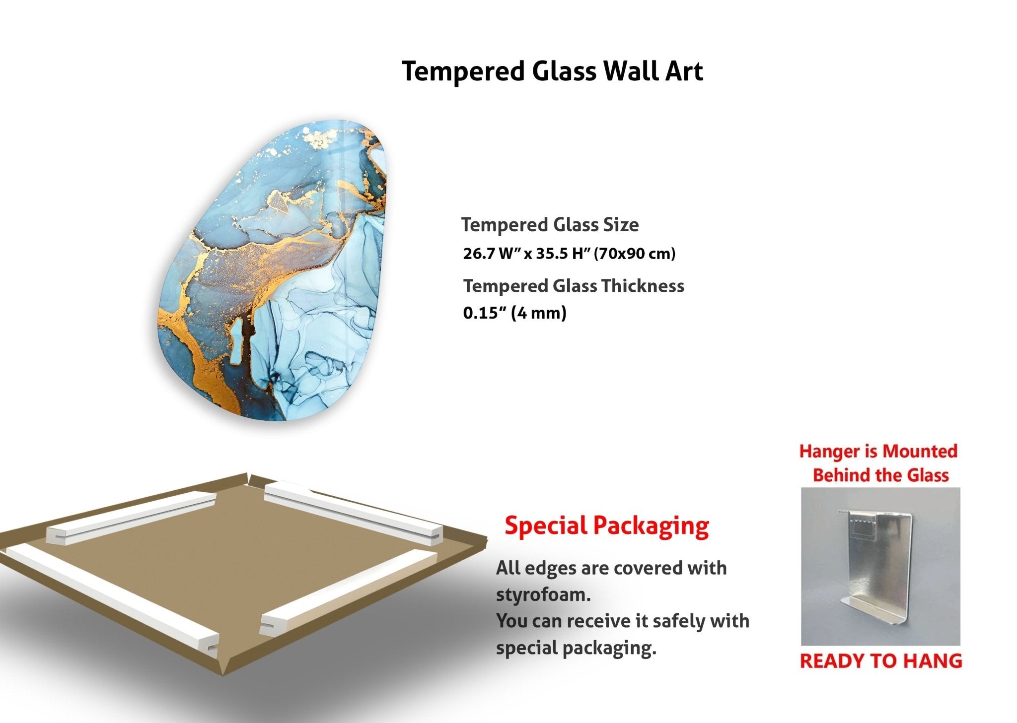 Abstract Blue & Gold Glass Wall Art - Modern Asymmetrical Oval Design for Living Room, Bedroom & Office Decor
