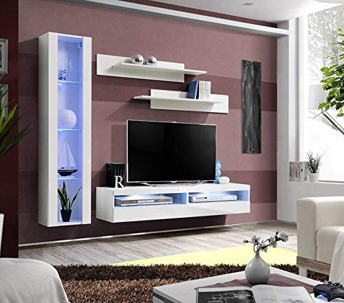 Modern White Wall-Mounted TV Stand with Storage Shelves & LED Lights - Meble Fly G2 35