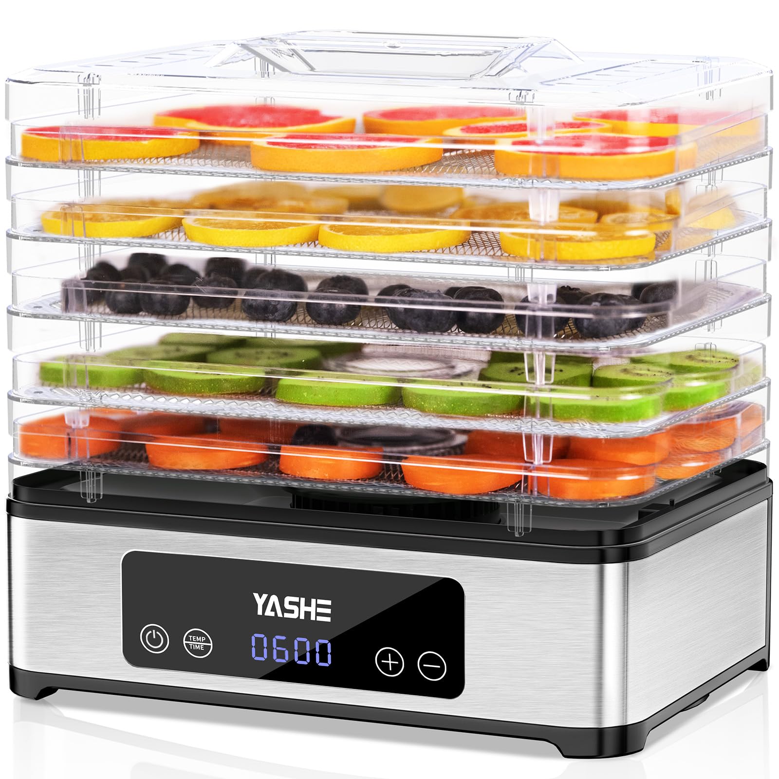 YASHE 5-Tray Stainless Steel Food Dehydrator - 420W Electric Food Dryer with 48H Timer & Temperature Control - Perfect for Jerky, Herbs, Fruits, Meat, Dog Treats - Includes Free Recipe Book - Ideal for Home Kitchen, Camping & Healthy Snack Preparation