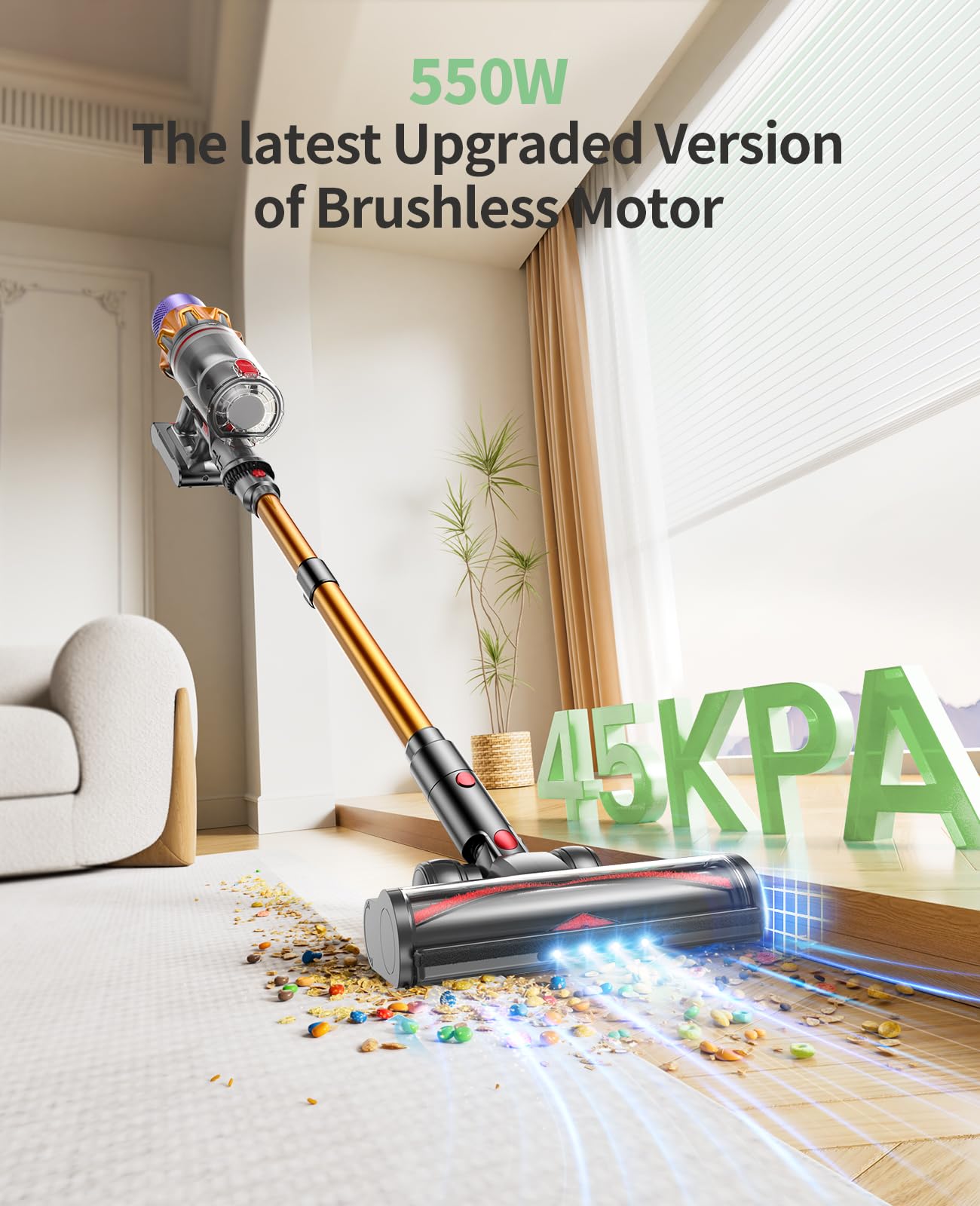 **Powerful 550W Cordless Vacuum Cleaner with 45KPA Suction & 60Mins Runtime - Touch Screen, Self-Standing, Wall Mount Charging - Ideal for Pet Hair, Carpets & Hard Floors (X7A) | Perfect for Home Cleaning & Quick Pickups**