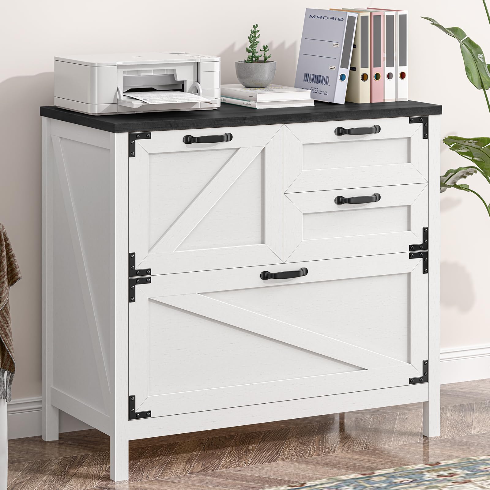 4-Drawer Wood Lateral File Cabinet for Hanging Files - Letter/A4/Legal Size Storage | Farmhouse Style Home Office Furniture | Printer Stand & Office Cabinet in White & Black | Perfect for Document Organization & Workspace Storage