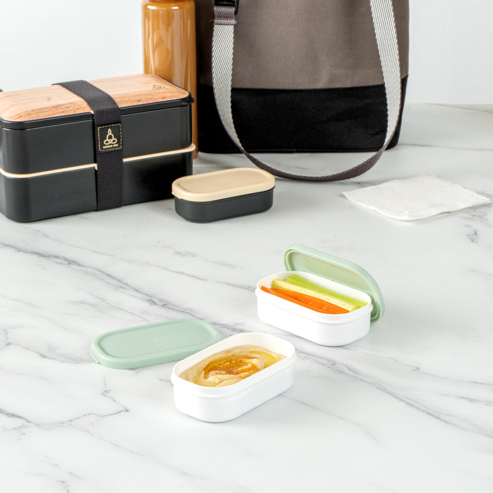 Bento Tek 3 oz White Buddha Box Snack & Sauce Containers with Green Lids - 4 Pack (3.75