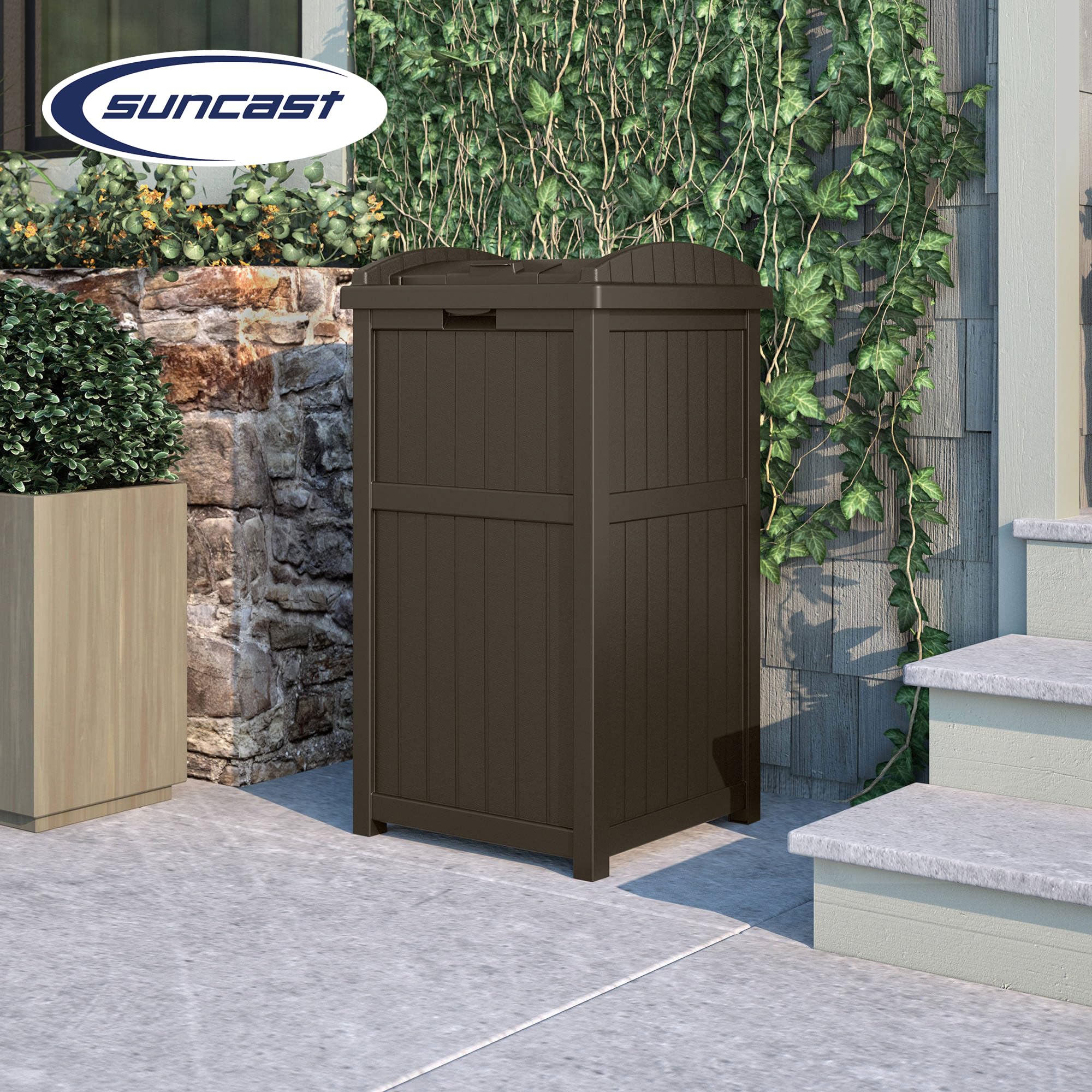 **Suncast 33-Gallon Outdoor Trash Hideaway Bin - 3-Pack Garbage Can for Patio, Yard & Garden Waste Disposal - Durable & Weather-Resistant**
