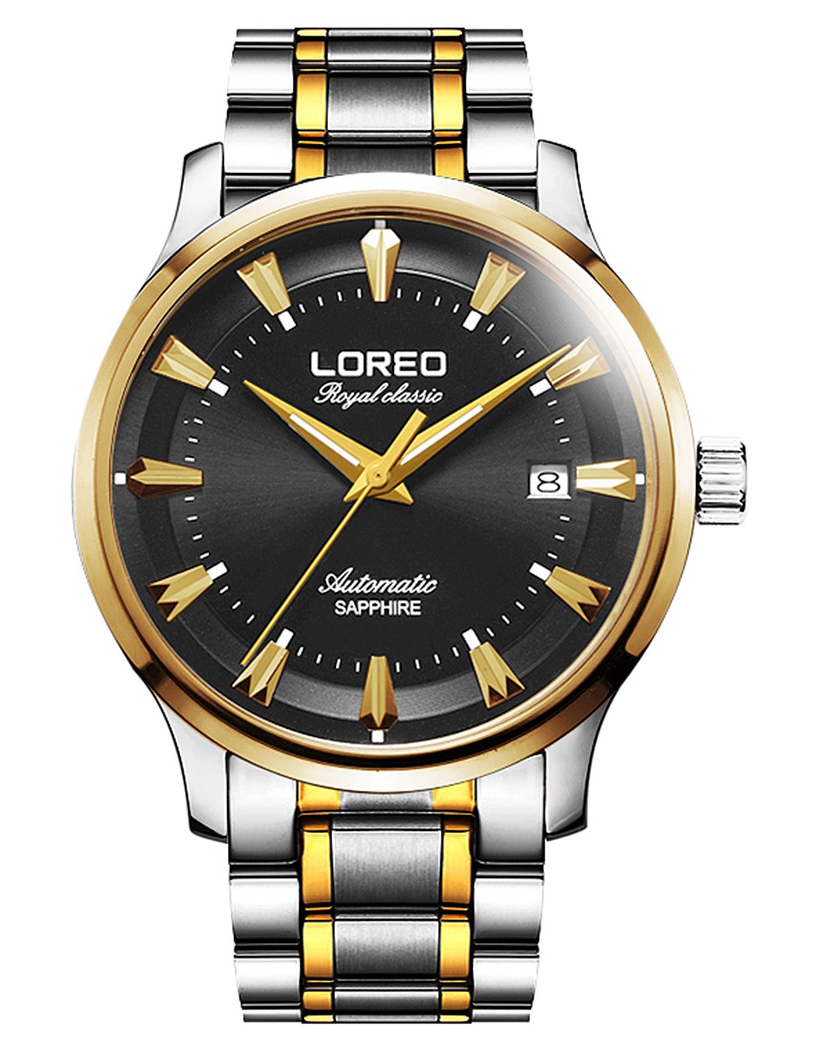 LOREO Men's Automatic Watch with Sapphire Glass, Gold/Silver Stainless Steel, Date Display, Water Resistant - Perfect for Business, Formal Events & Everyday Wear