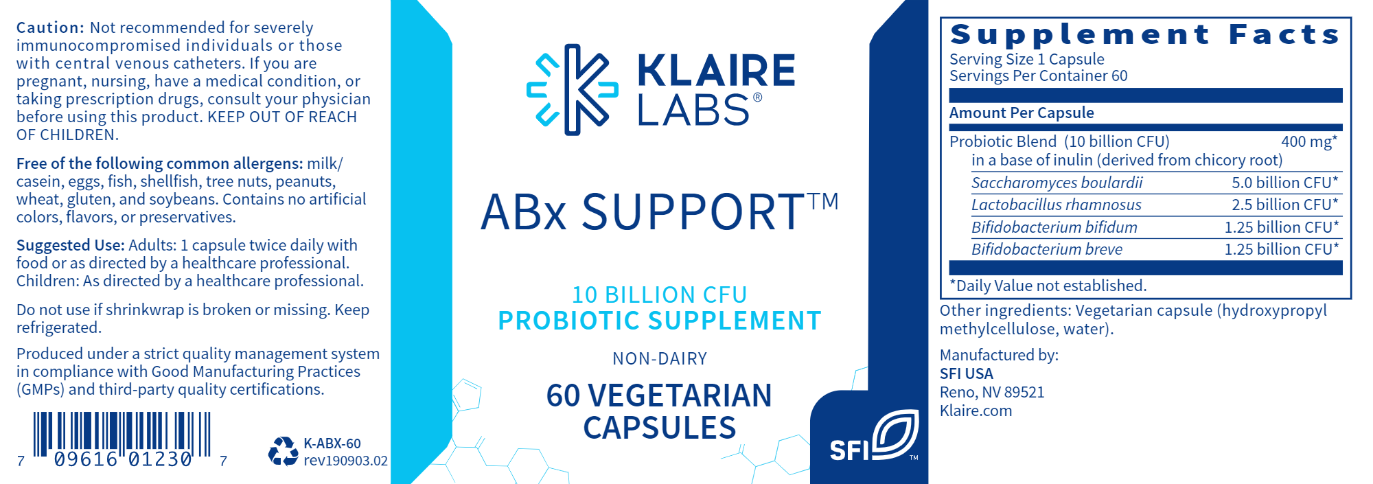 Klaire ABX Support Probiotic Supplement - 60 Vegan Capsules for Gut Health & Immune Support - Ideal for Travel, Antibiotic Use & Digestive Wellness