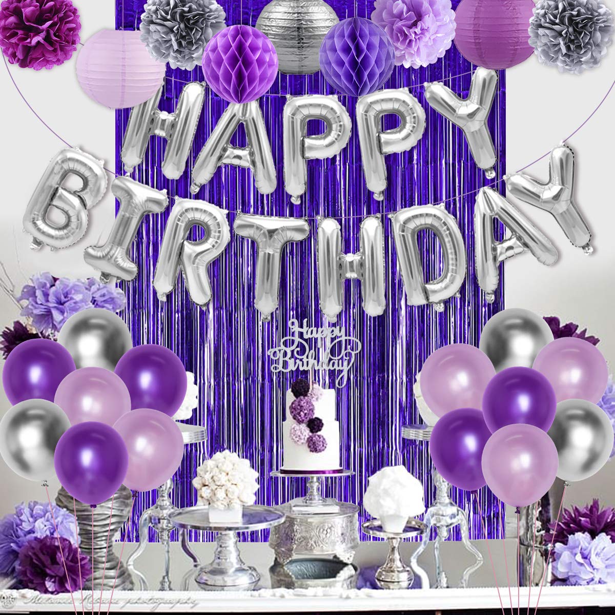 Purple & Silver Birthday Party Decorations Set - Happy Birthday Balloons, Banner, Cake Topper & Fringe Curtain - 21st/30th/40th Birthday Party Supplies for Women & Girls - Perfect for Milestone Birthdays, Photo Backdrops & Celebration Decor