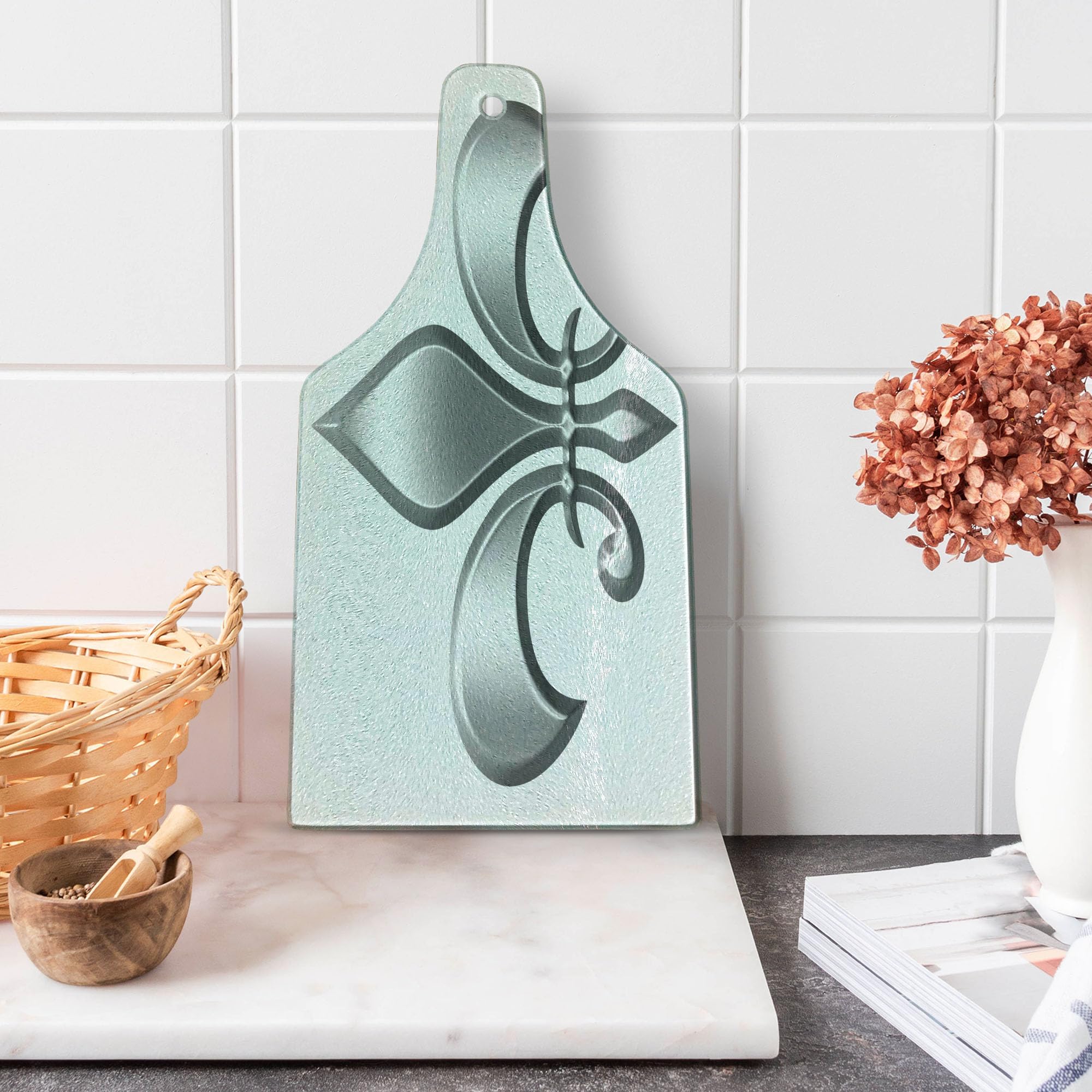 Ambesonne Fleur De Lis Tempered Glass Cutting Board - Medieval European Lily Flower Design, Decorative Serving Board for Cheese, Charcuterie & Wine - White Silver Elegant Kitchen & Dining Accessory