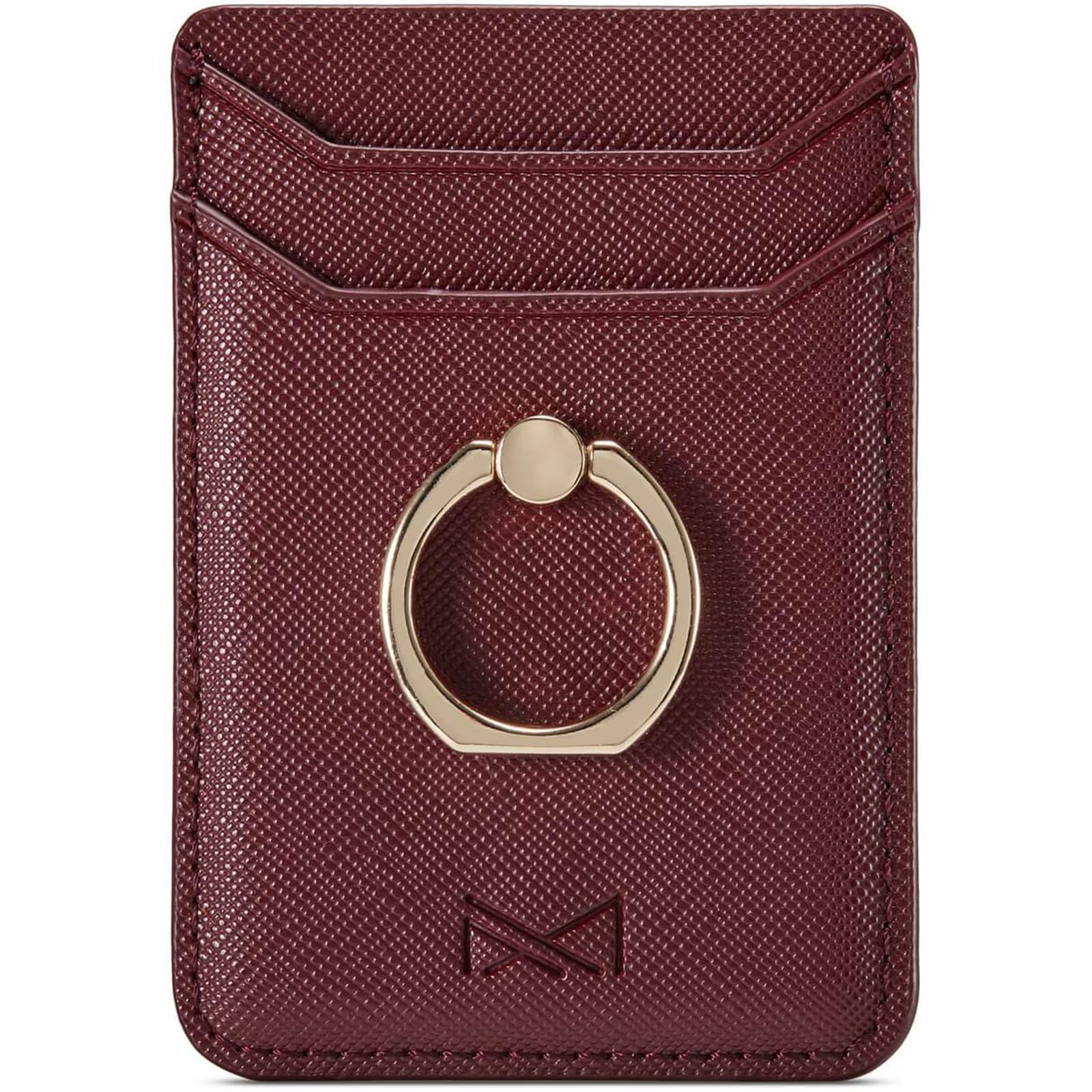 TOPWOOZU Adhesive Phone Card Holder with Ring Grip - Stick-on Credit Card Wallet Pocket for iPhone, Android & Smartphones (Wine Red) - Perfect for Hands-Free Shopping, Commuting & Travel