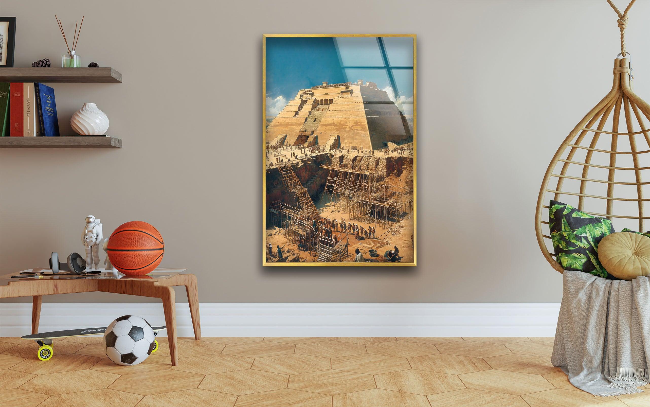 Ancient Pyramid Construction Glass Wall Art - Handmade Egyptian History Decor for Home & Office - Perfect for Living Room, Bedroom, or Office Wall Decor