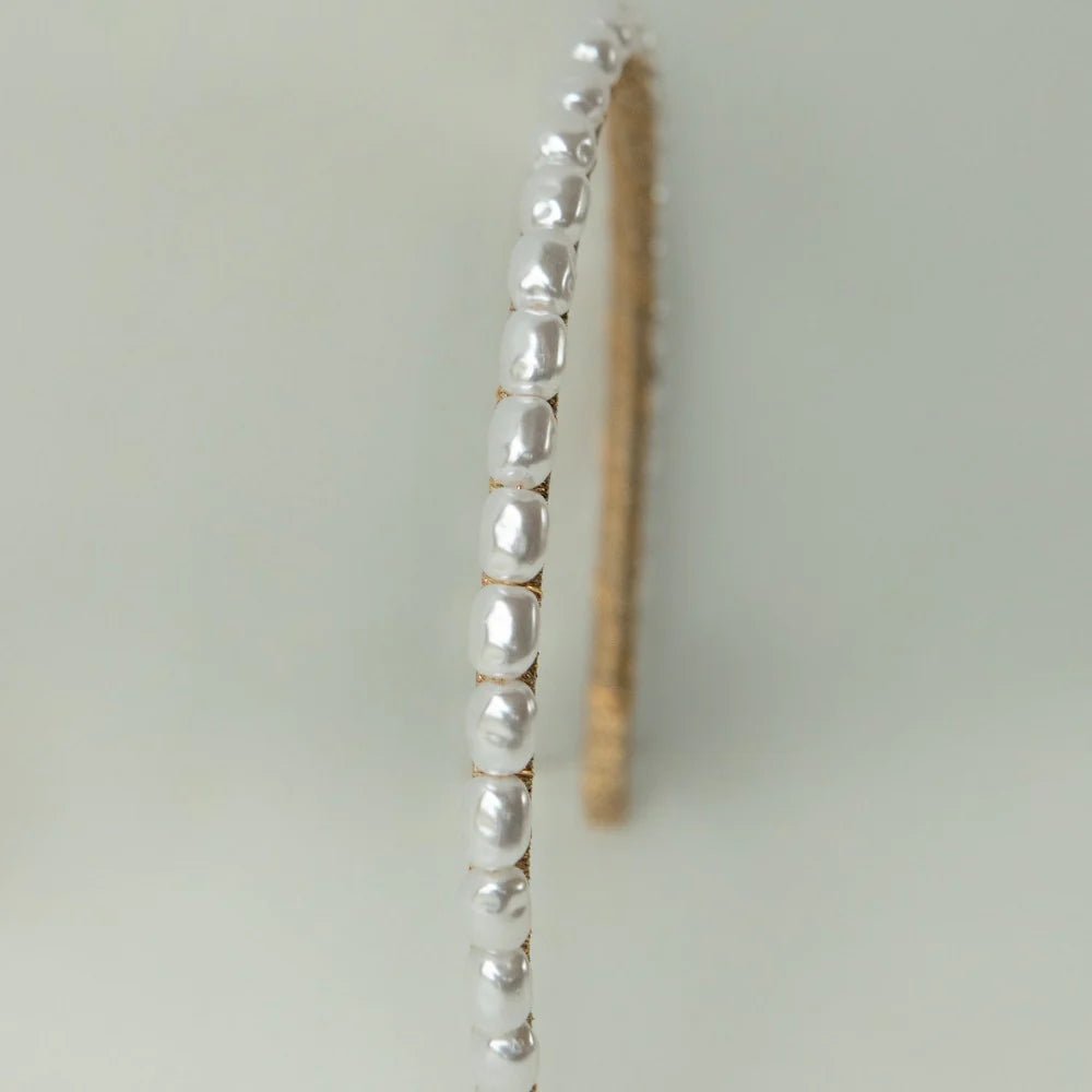 A'el Este Mia Natural Pearl Bridal Headband Gold - Elegant Wedding Hair Accessory for Brides, Bridesmaids & Special Occasions